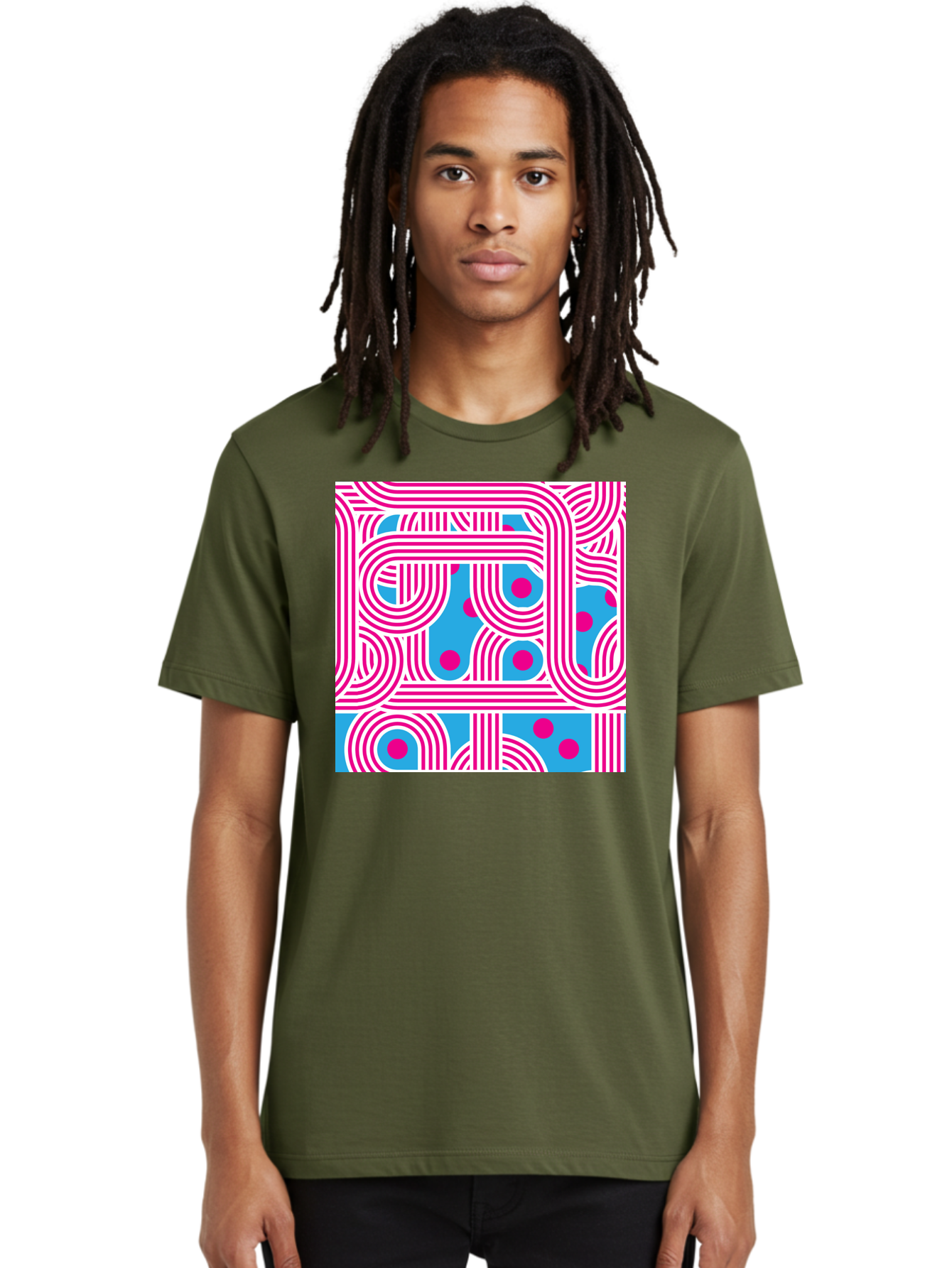 Pink-Lines-And-Dots Men'S Graphic Tee, 100% Cotton, Comfortable Casual Summer Wear, Machine Washable, Pink Lines Pattern, Blue Background, Geometric Shapes, Abstract Design, Vibrant Colors, Modern Art, Playful Graphics, Contemporary Style Aac411 4