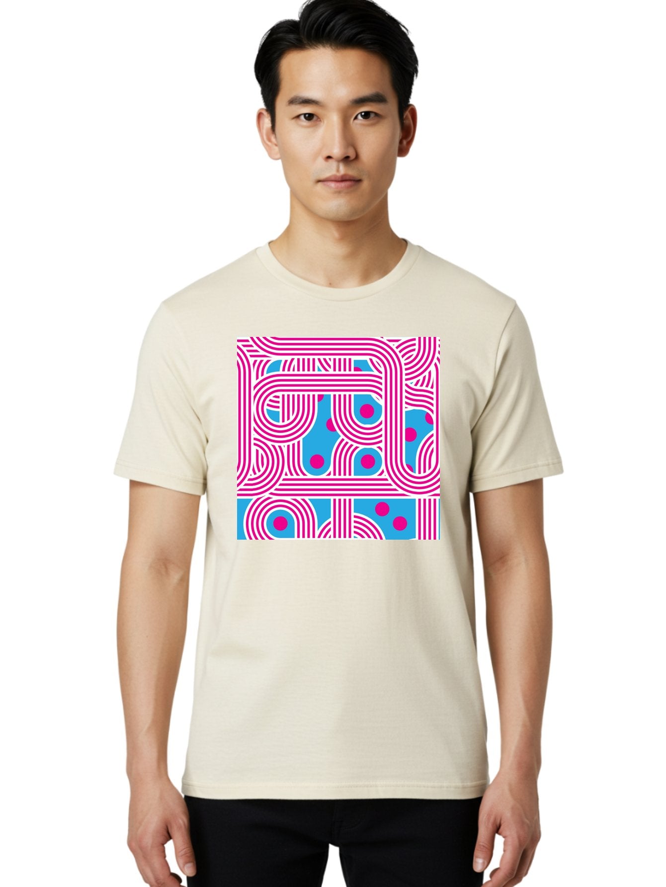 Pink-Lines-And-Dots Men'S Graphic Tee, 100% Cotton, Comfortable Casual Summer Wear, Machine Washable, Pink Lines Pattern, Blue Background, Geometric Shapes, Abstract Design, Vibrant Colors, Modern Art, Playful Graphics, Contemporary Style Aac411 21