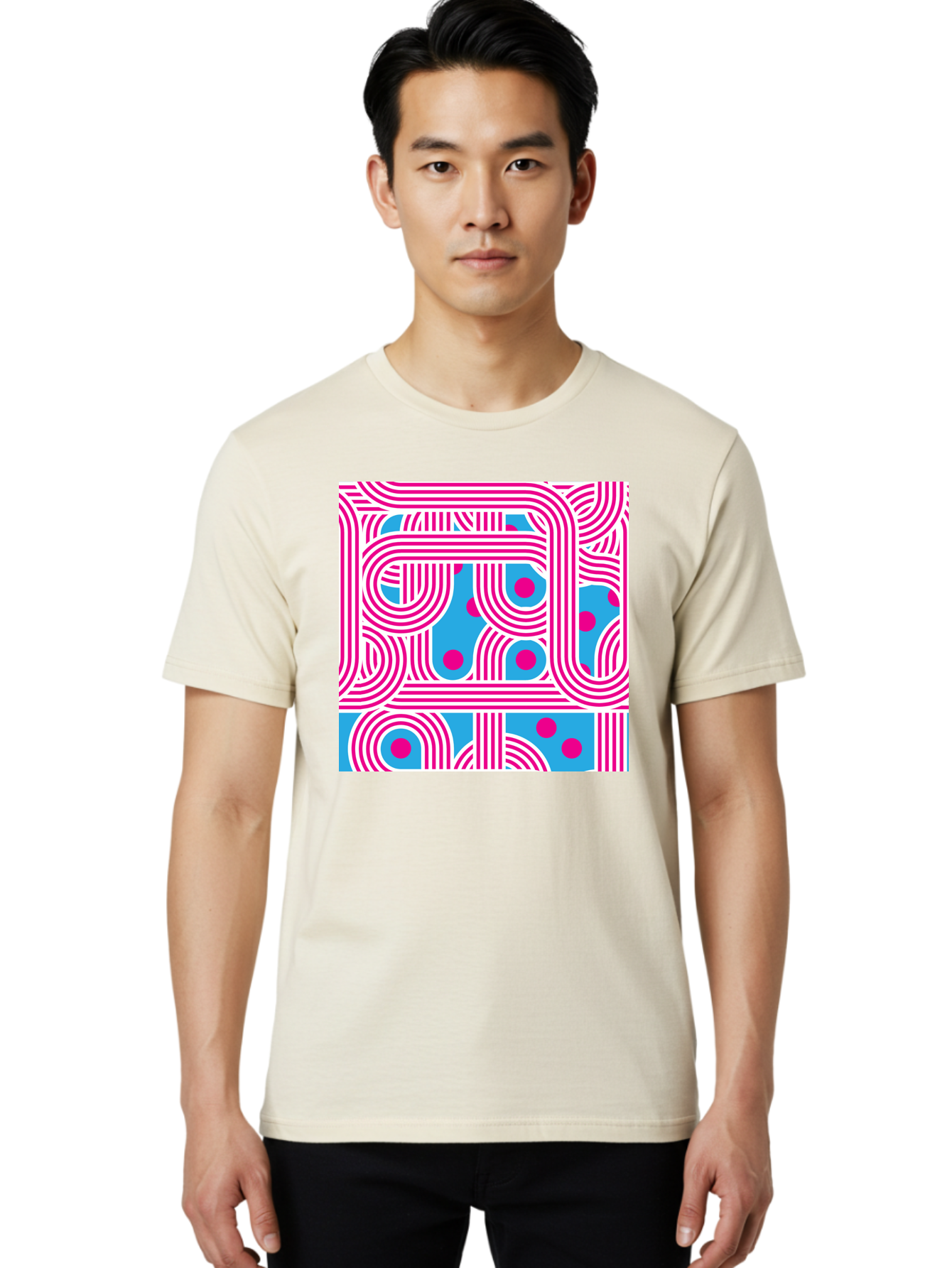 Pink-Lines-And-Dots Men'S Graphic Tee, 100% Cotton, Comfortable Casual Summer Wear, Machine Washable, Pink Lines Pattern, Blue Background, Geometric Shapes, Abstract Design, Vibrant Colors, Modern Art, Playful Graphics, Contemporary Style Aac411 20