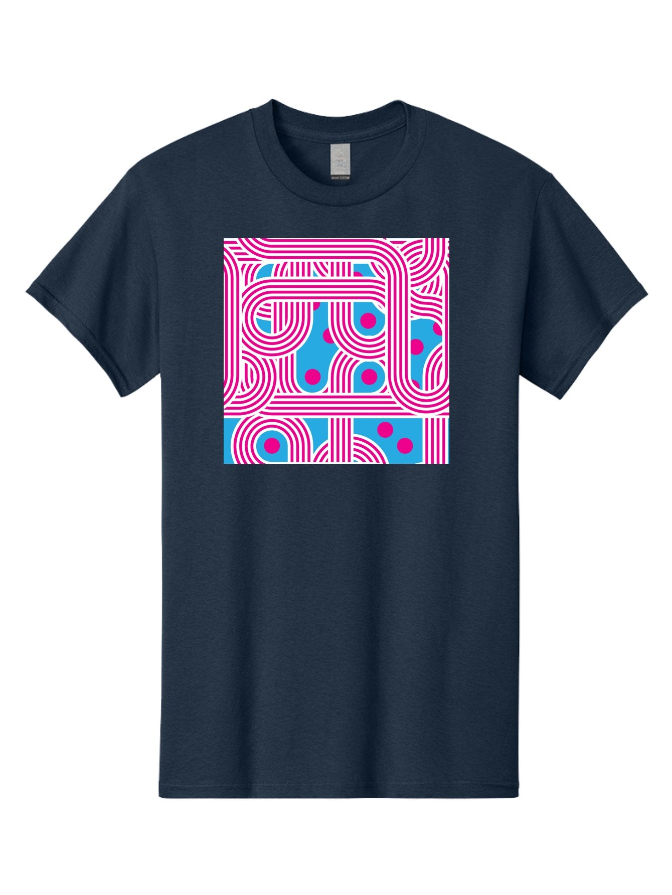 Pink-Lines-And-Dots Men'S Graphic Tee, 100% Cotton, Comfortable Casual Summer Wear, Machine Washable, Pink Lines Pattern, Blue Background, Geometric Shapes, Abstract Design, Vibrant Colors, Modern Art, Playful Graphics, Contemporary Style Aac411 4