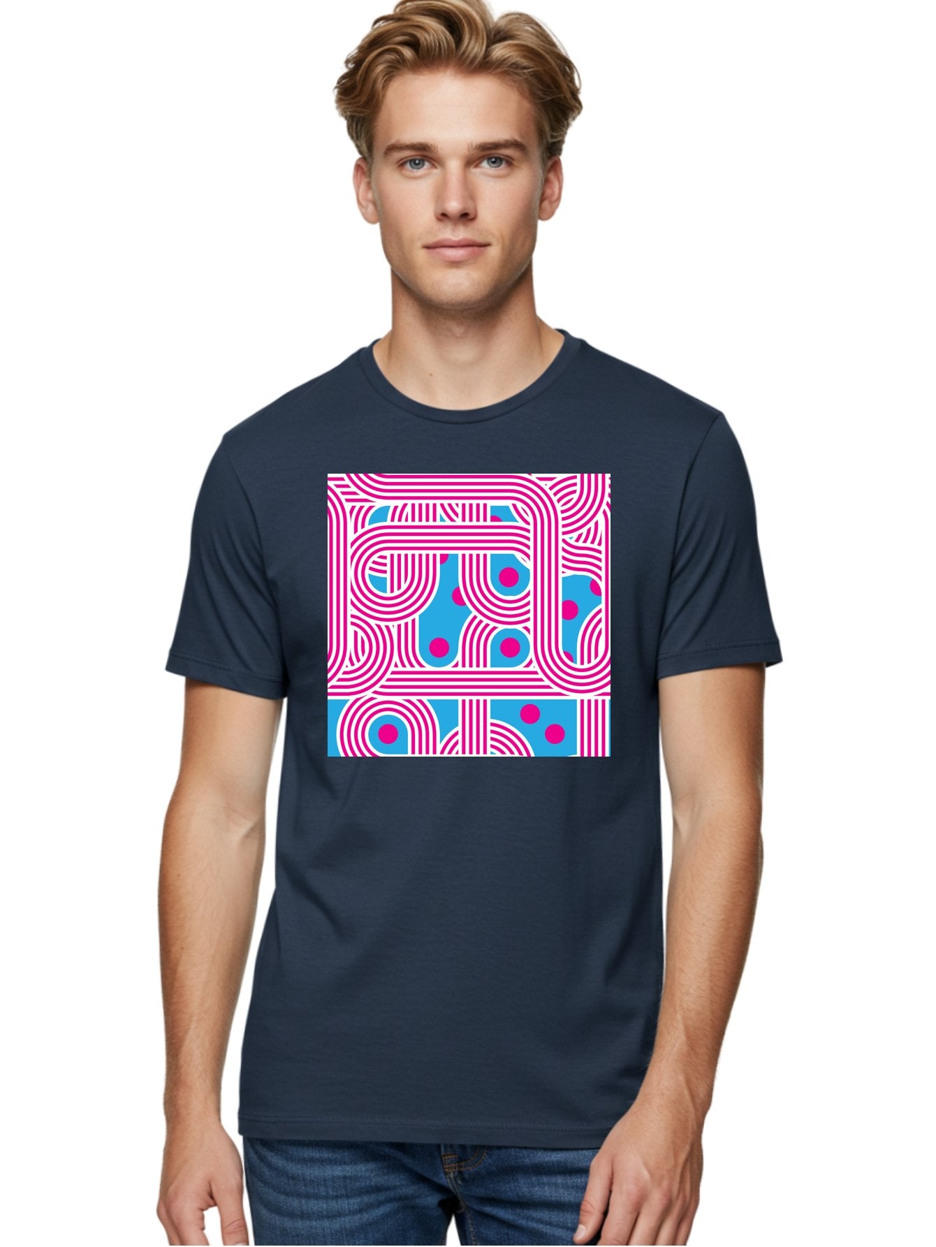 Pink-Lines-And-Dots Men'S Graphic Tee, 100% Cotton, Comfortable Casual Summer Wear, Machine Washable, Pink Lines Pattern, Blue Background, Geometric Shapes, Abstract Design, Vibrant Colors, Modern Art, Playful Graphics, Contemporary Style Aac411 18