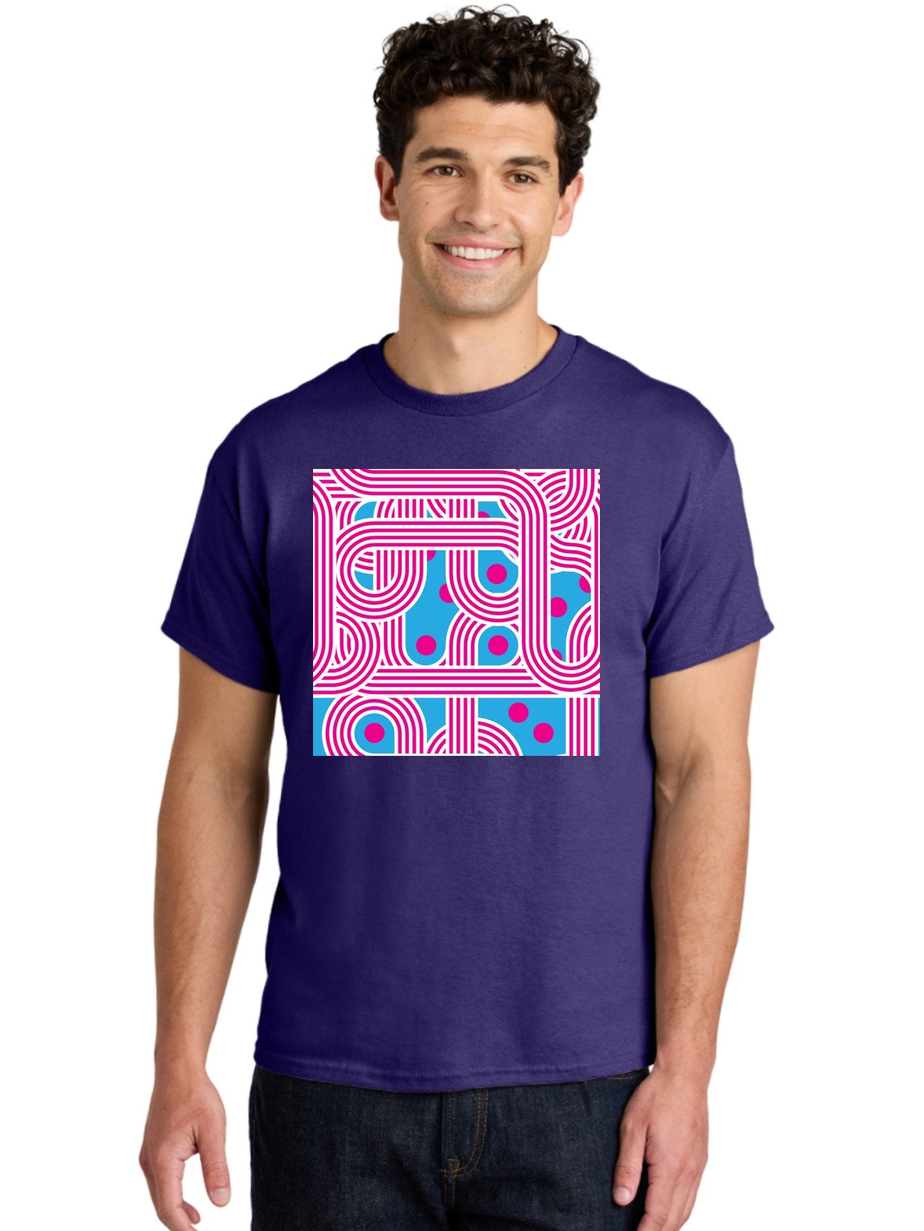 Pink-Lines-And-Dots Men'S Graphic Tee, 100% Cotton, Comfortable Casual Summer Wear, Machine Washable, Pink Lines Pattern, Blue Background, Geometric Shapes, Abstract Design, Vibrant Colors, Modern Art, Playful Graphics, Contemporary Style Aac411 20