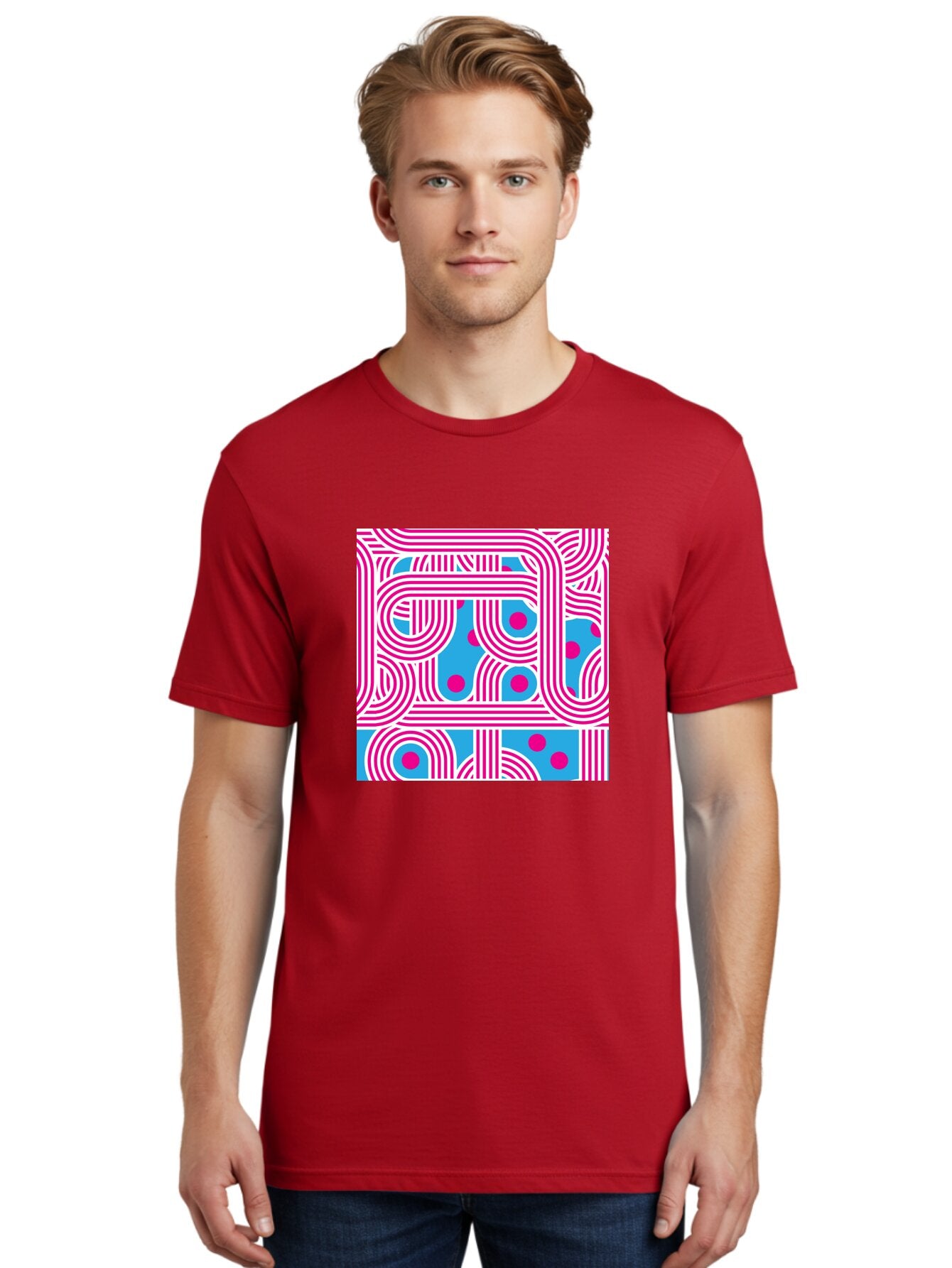 Pink-Lines-And-Dots Men'S Graphic Tee, 100% Cotton, Comfortable Casual Summer Wear, Machine Washable, Pink Lines Pattern, Blue Background, Geometric Shapes, Abstract Design, Vibrant Colors, Modern Art, Playful Graphics, Contemporary Style Aac411 19