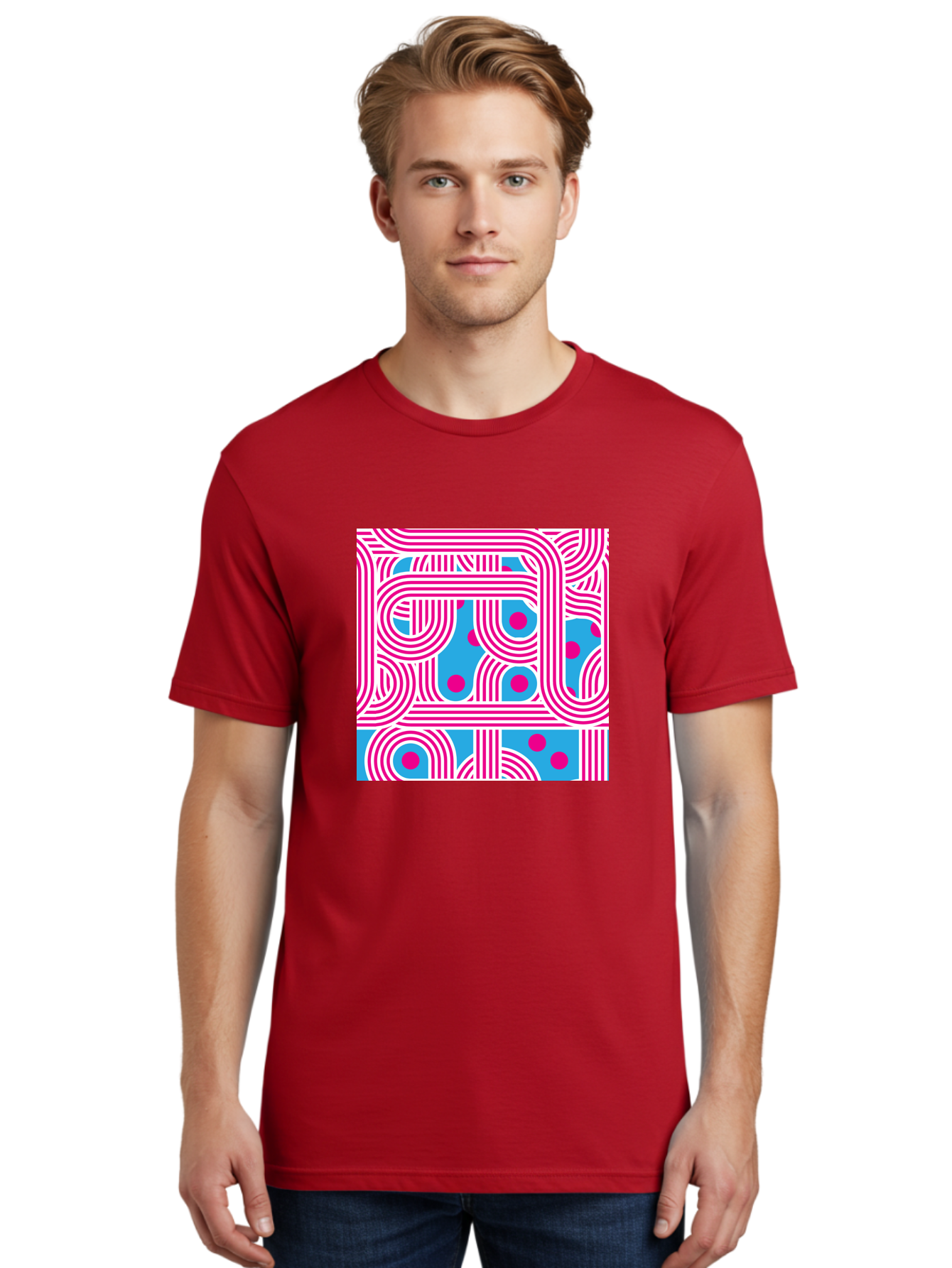 Pink-Lines-And-Dots Men'S Graphic Tee, 100% Cotton, Comfortable Casual Summer Wear, Machine Washable, Pink Lines Pattern, Blue Background, Geometric Shapes, Abstract Design, Vibrant Colors, Modern Art, Playful Graphics, Contemporary Style Aac411 22