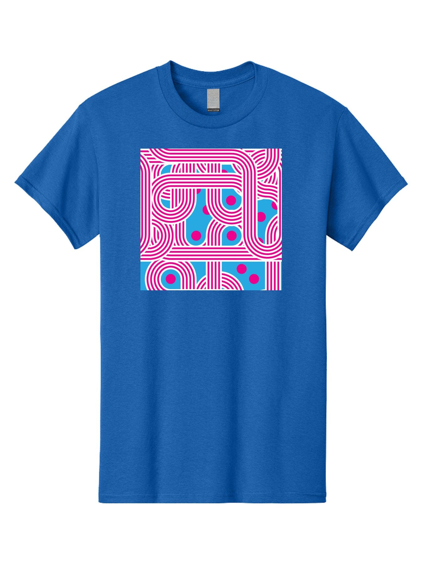 Pink-Lines-And-Dots Men'S Graphic Tee, 100% Cotton, Comfortable Casual Summer Wear, Machine Washable, Pink Lines Pattern, Blue Background, Geometric Shapes, Abstract Design, Vibrant Colors, Modern Art, Playful Graphics, Contemporary Style Aac411 11