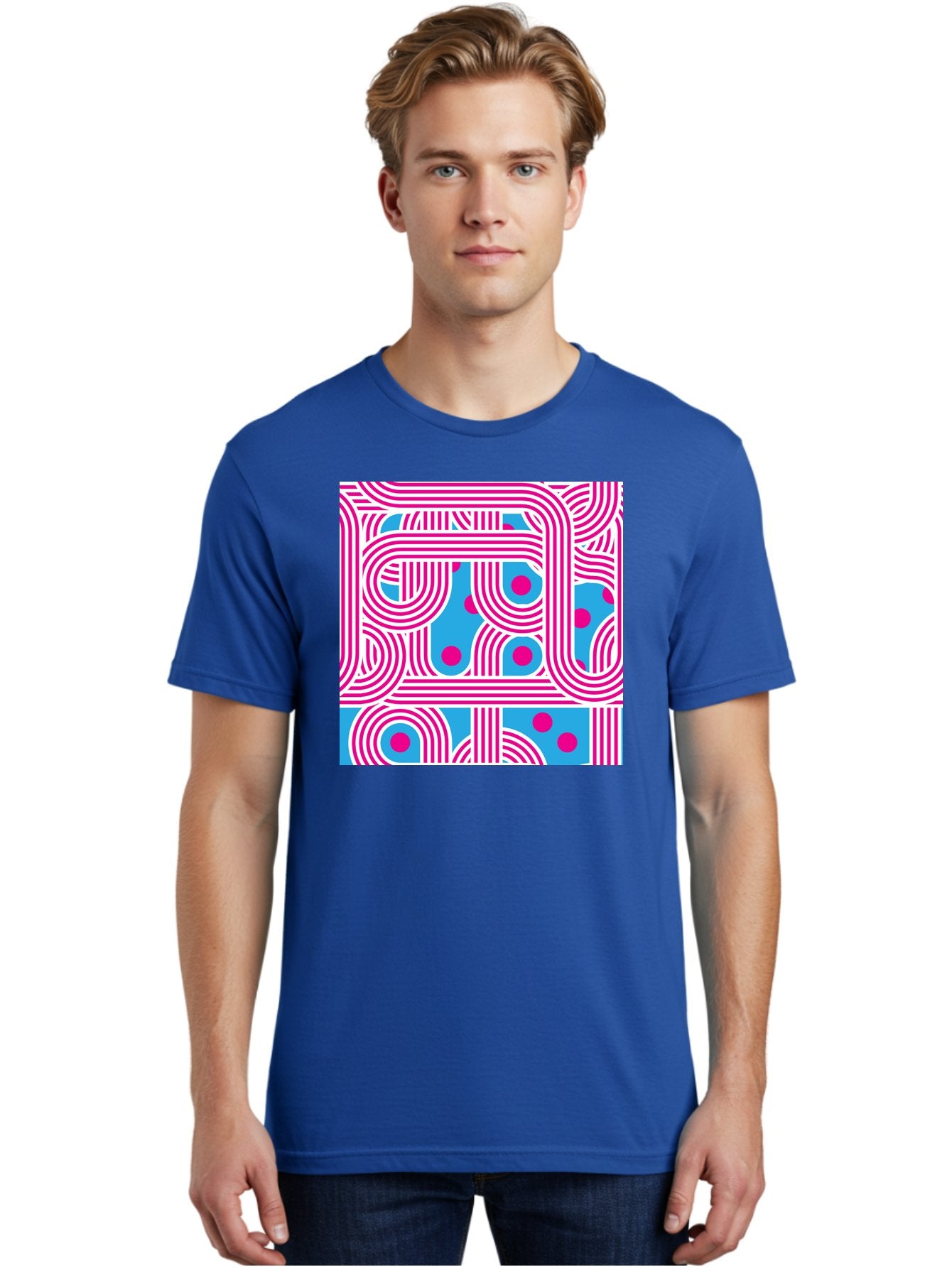 Pink-Lines-And-Dots Men'S Graphic Tee, 100% Cotton, Comfortable Casual Summer Wear, Machine Washable, Pink Lines Pattern, Blue Background, Geometric Shapes, Abstract Design, Vibrant Colors, Modern Art, Playful Graphics, Contemporary Style Aac411 27