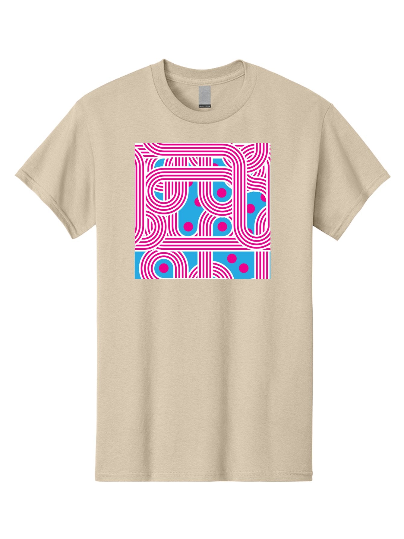 Pink-Lines-And-Dots Men'S Graphic Tee, 100% Cotton, Comfortable Casual Summer Wear, Machine Washable, Pink Lines Pattern, Blue Background, Geometric Shapes, Abstract Design, Vibrant Colors, Modern Art, Playful Graphics, Contemporary Style Aac411 6