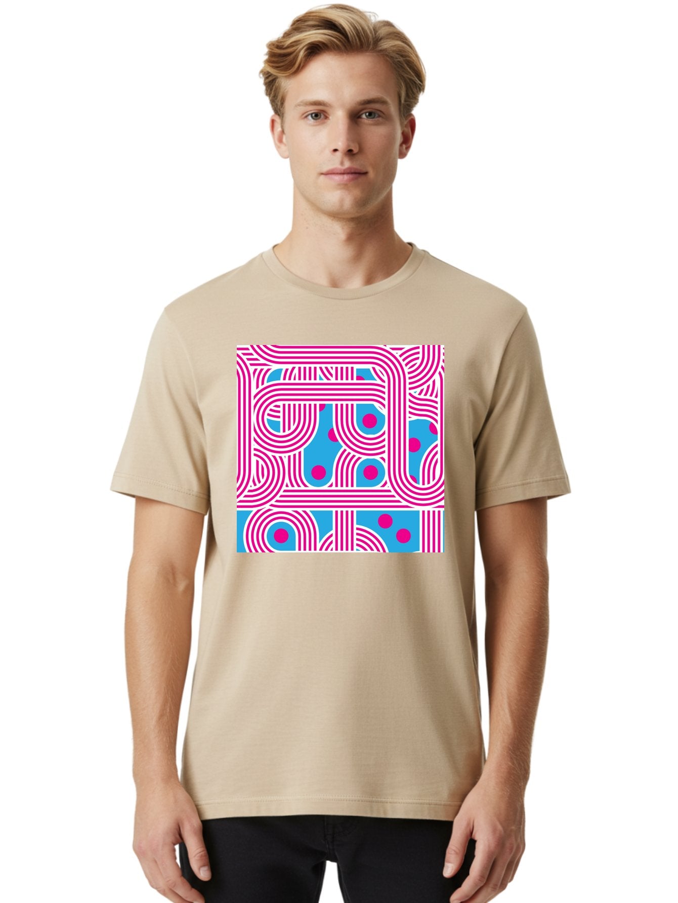 Pink-Lines-And-Dots Men'S Graphic Tee, 100% Cotton, Comfortable Casual Summer Wear, Machine Washable, Pink Lines Pattern, Blue Background, Geometric Shapes, Abstract Design, Vibrant Colors, Modern Art, Playful Graphics, Contemporary Style Aac411 24