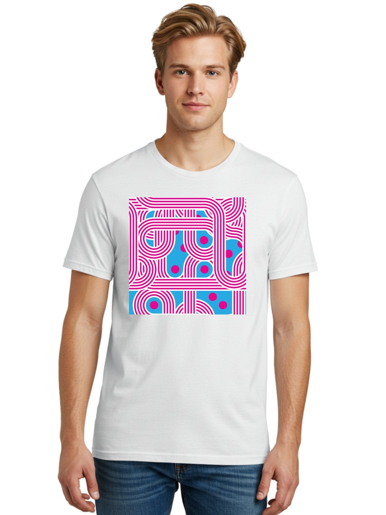 Pink-Lines-And-Dots Men'S Graphic Tee, 100% Cotton, Comfortable Casual Summer Wear, Machine Washable, Pink Lines Pattern, Blue Background, Geometric Shapes, Abstract Design, Vibrant Colors, Modern Art, Playful Graphics, Contemporary Style Aac411 26