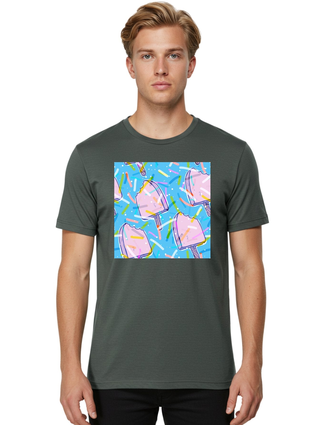 Pink-Popsicles Men'S Graphic Tee, 100% Cotton, Comfortable Casual Summer Wear, Machine Washable, Pink Ice Cream, Ice Pops, Colorful Sprinkles, Sweet Treats, Summer Fun, Candy Coating, Pastel Colors, Festive Atmosphere, Party Theme Aac412 29