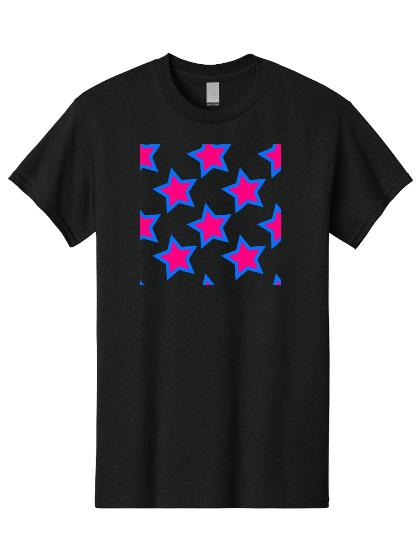 Pink-Stars-Pattern Men'S Graphic Tee, 100% Cotton, Comfortable Casual Summer Wear, Machine Washable, Pink Stars, Blue Outline, Yellow Background, Repeating Pattern, Festive Design, Bright Colors, Fun Graphics, Star Pattern, Aac413 9