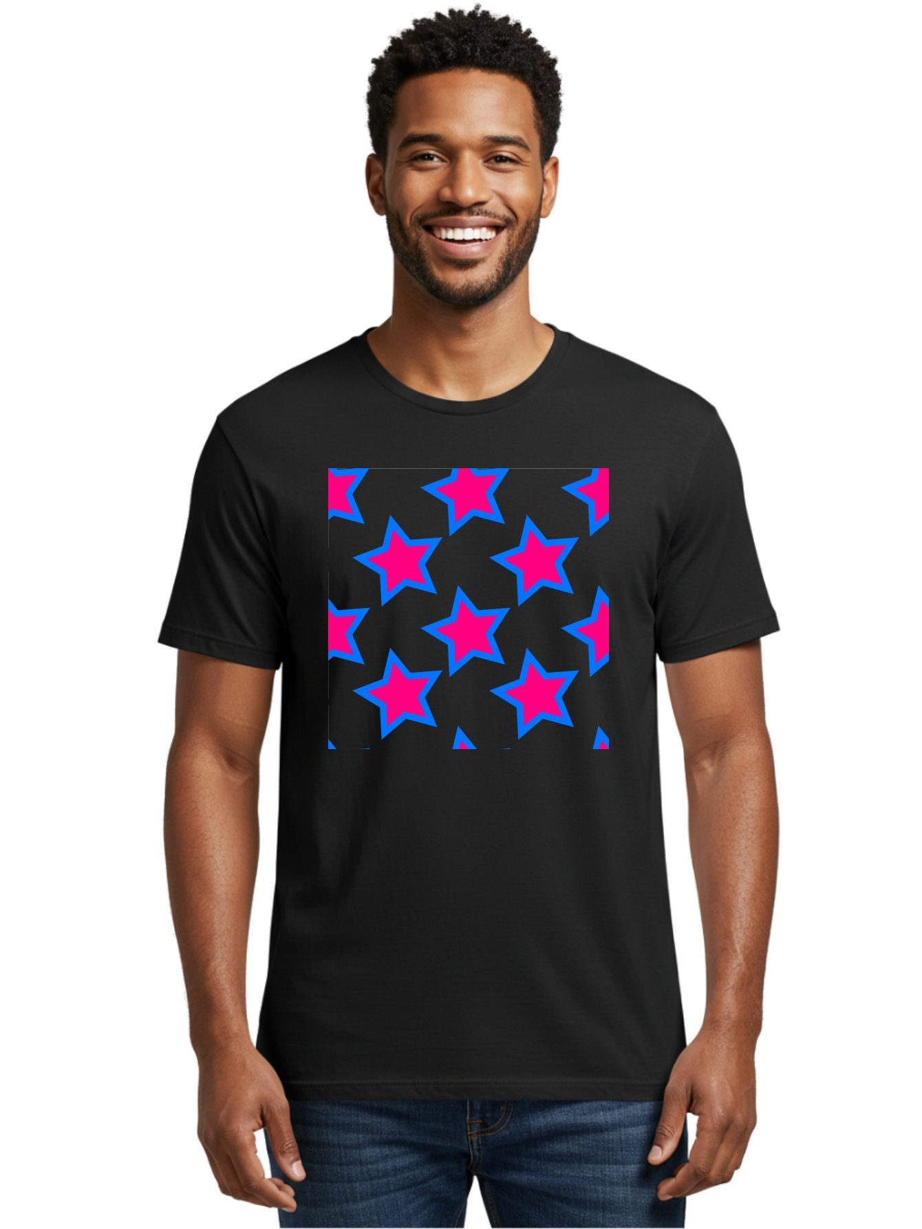 Pink-Stars-Pattern Men'S Graphic Tee, 100% Cotton, Comfortable Casual Summer Wear, Machine Washable, Pink Stars, Blue Outline, Yellow Background, Repeating Pattern, Festive Design, Bright Colors, Fun Graphics, Star Pattern, Aac413 26