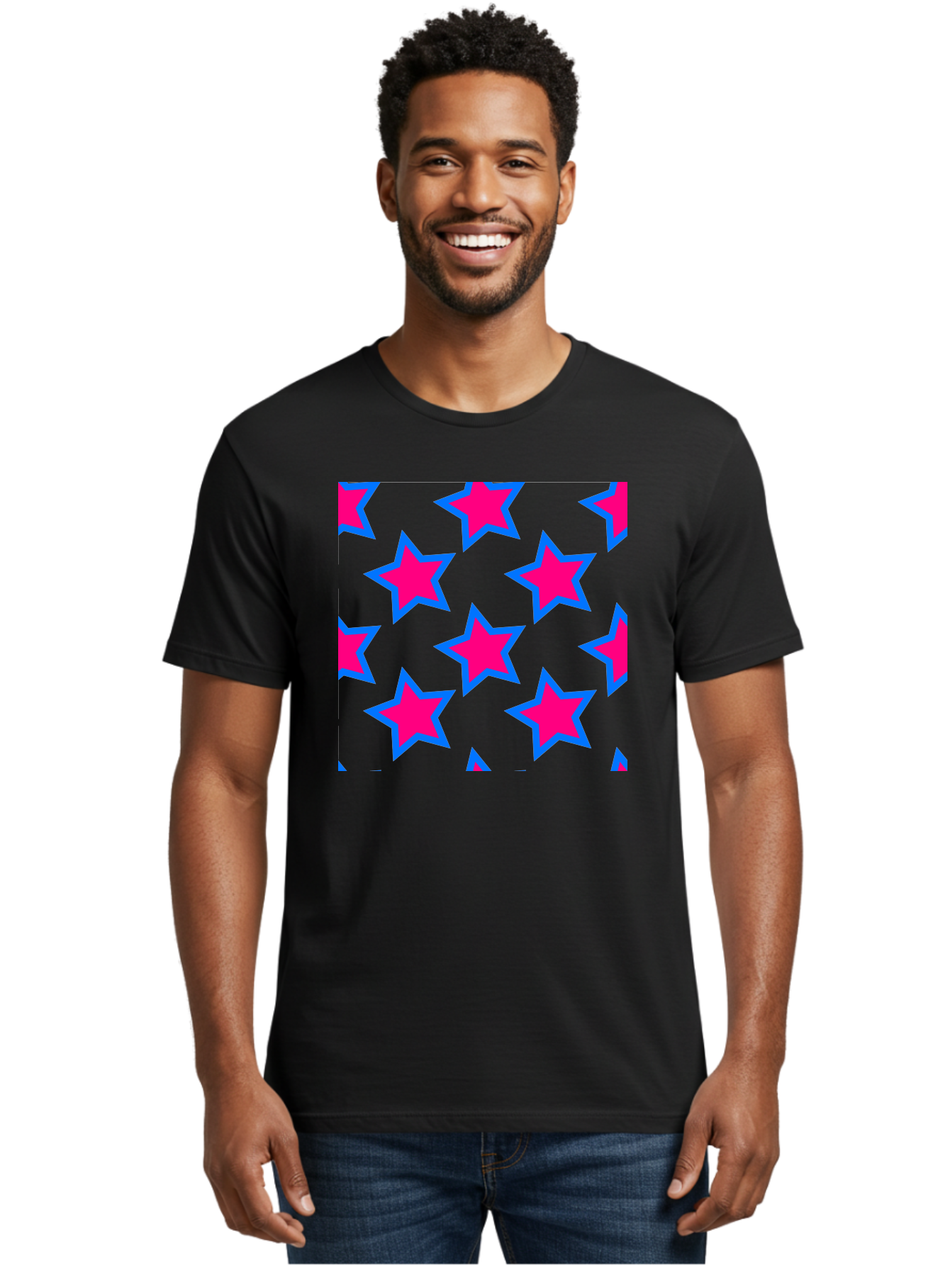 Pink-Stars-Pattern Men'S Graphic Tee, 100% Cotton, Comfortable Casual Summer Wear, Machine Washable, Pink Stars, Blue Outline, Yellow Background, Repeating Pattern, Festive Design, Bright Colors, Fun Graphics, Star Pattern, Aac413 10