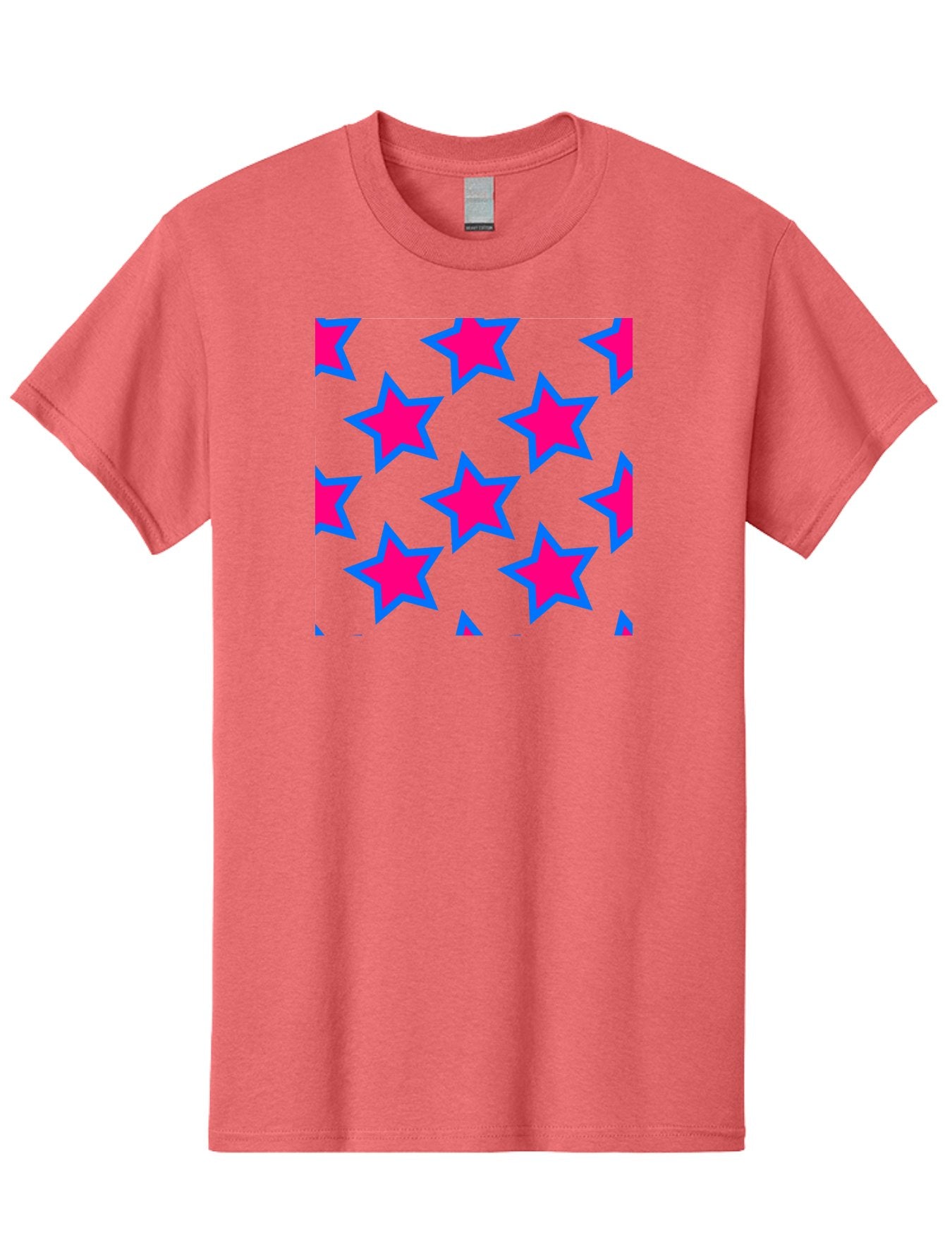 Pink-Stars-Pattern Men'S Graphic Tee, 100% Cotton, Comfortable Casual Summer Wear, Machine Washable, Pink Stars, Blue Outline, Yellow Background, Repeating Pattern, Festive Design, Bright Colors, Fun Graphics, Star Pattern, Aac413 15