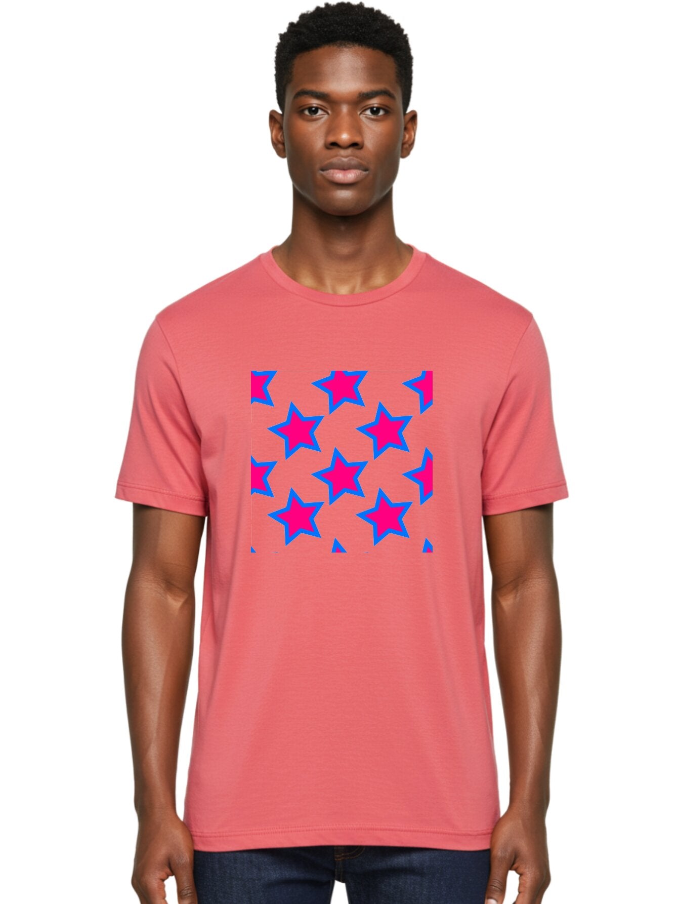 Pink-Stars-Pattern Men'S Graphic Tee, 100% Cotton, Comfortable Casual Summer Wear, Machine Washable, Pink Stars, Blue Outline, Yellow Background, Repeating Pattern, Festive Design, Bright Colors, Fun Graphics, Star Pattern, Aac413 30