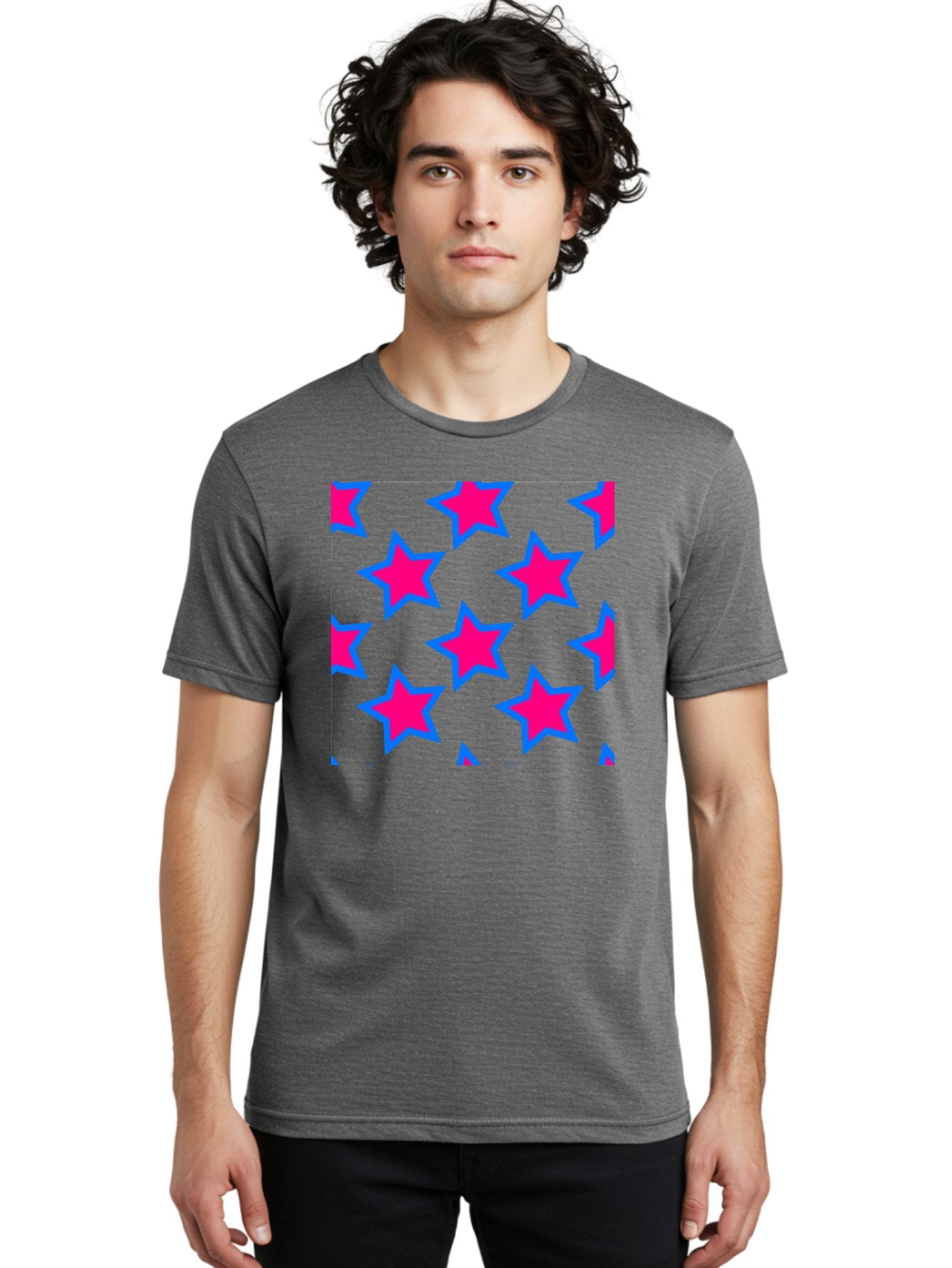 Pink-Stars-Pattern Men'S Graphic Tee, 100% Cotton, Comfortable Casual Summer Wear, Machine Washable, Pink Stars, Blue Outline, Yellow Background, Repeating Pattern, Festive Design, Bright Colors, Fun Graphics, Star Pattern, Aac413 19