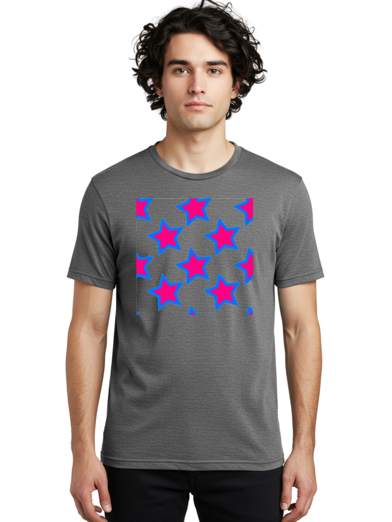 Pink-Stars-Pattern Men'S Graphic Tee, 100% Cotton, Comfortable Casual Summer Wear, Machine Washable, Pink Stars, Blue Outline, Yellow Background, Repeating Pattern, Festive Design, Bright Colors, Fun Graphics, Star Pattern, Aac413 22
