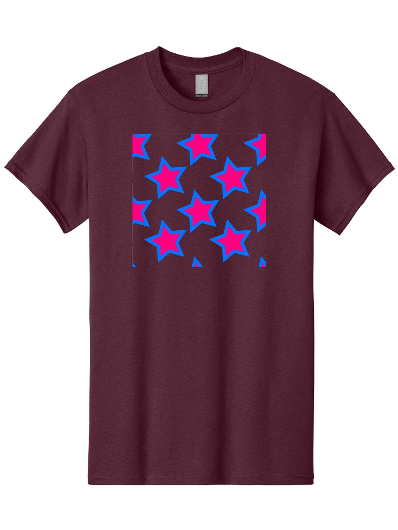 Pink-Stars-Pattern Men'S Graphic Tee, 100% Cotton, Comfortable Casual Summer Wear, Machine Washable, Pink Stars, Blue Outline, Yellow Background, Repeating Pattern, Festive Design, Bright Colors, Fun Graphics, Star Pattern, Aac413 7