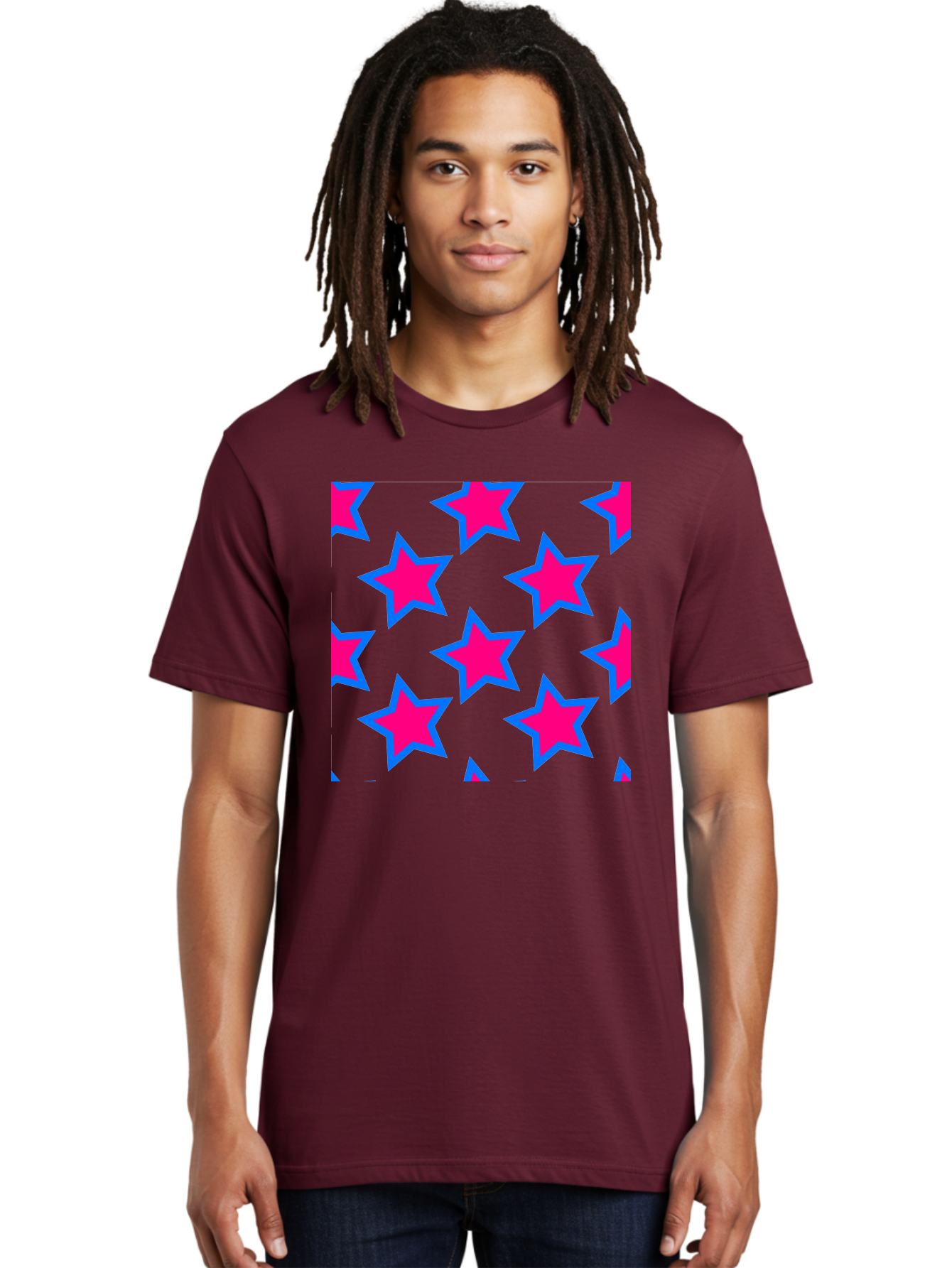 Pink-Stars-Pattern Men'S Graphic Tee, 100% Cotton, Comfortable Casual Summer Wear, Machine Washable, Pink Stars, Blue Outline, Yellow Background, Repeating Pattern, Festive Design, Bright Colors, Fun Graphics, Star Pattern, Aac413 26