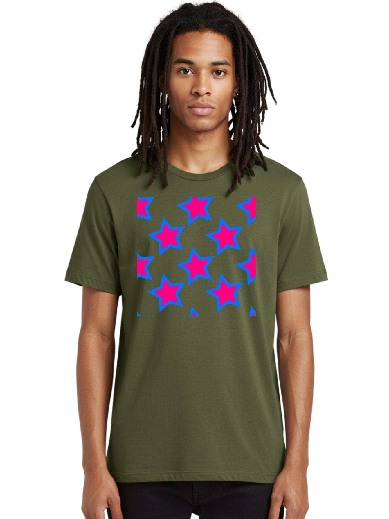 Pink-Stars-Pattern Men'S Graphic Tee, 100% Cotton, Comfortable Casual Summer Wear, Machine Washable, Pink Stars, Blue Outline, Yellow Background, Repeating Pattern, Festive Design, Bright Colors, Fun Graphics, Star Pattern, Aac413 22