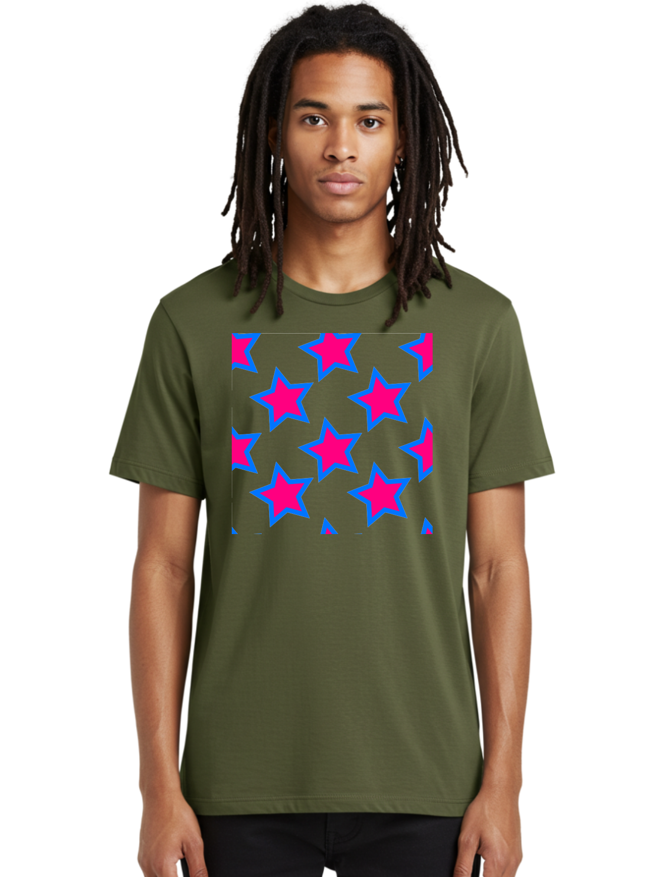 Pink-Stars-Pattern Men'S Graphic Tee, 100% Cotton, Comfortable Casual Summer Wear, Machine Washable, Pink Stars, Blue Outline, Yellow Background, Repeating Pattern, Festive Design, Bright Colors, Fun Graphics, Star Pattern, Aac413 18