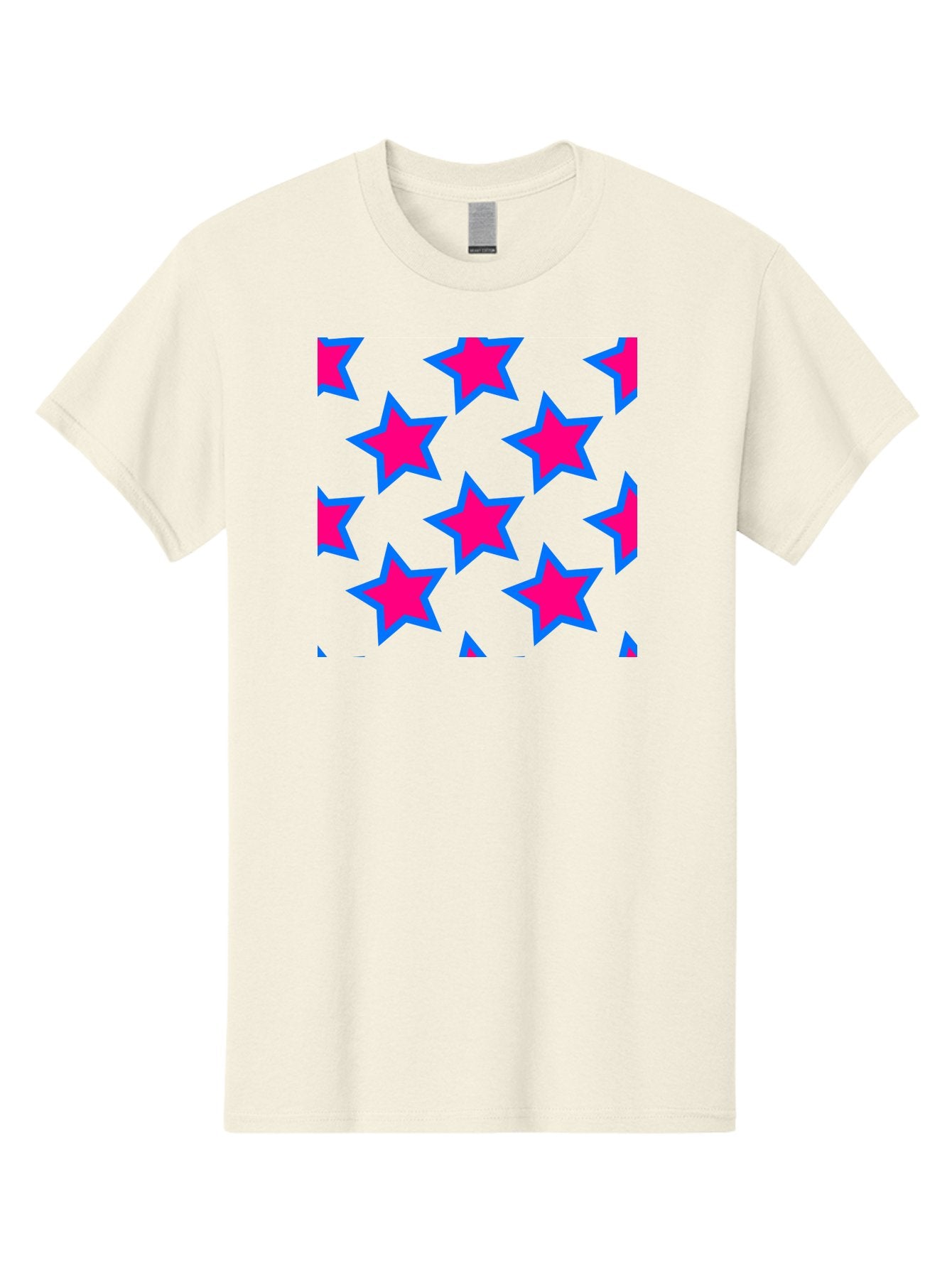 Pink-Stars-Pattern Men'S Graphic Tee, 100% Cotton, Comfortable Casual Summer Wear, Machine Washable, Pink Stars, Blue Outline, Yellow Background, Repeating Pattern, Festive Design, Bright Colors, Fun Graphics, Star Pattern, Aac413 11