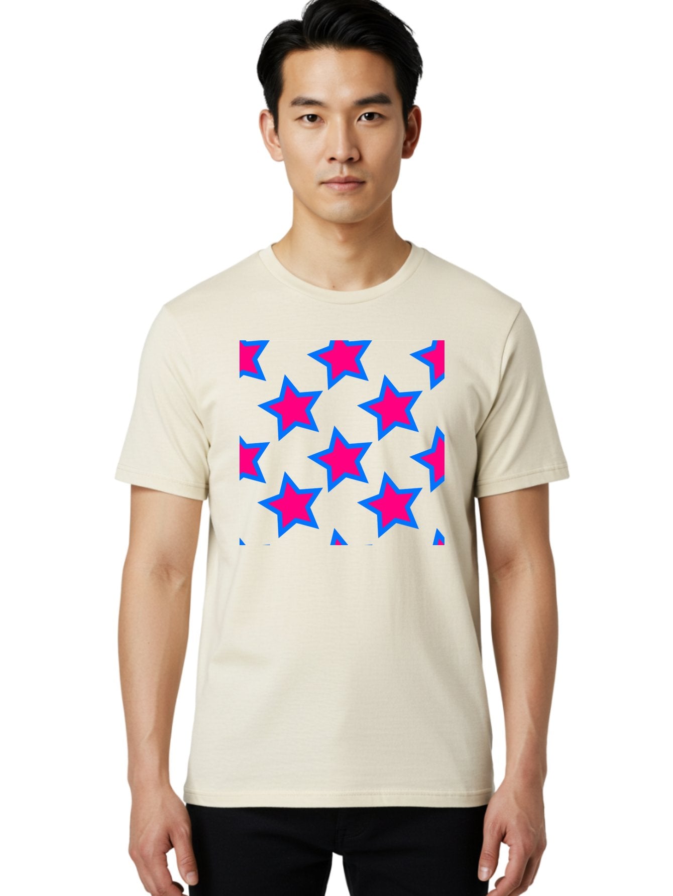 Pink-Stars-Pattern Men'S Graphic Tee, 100% Cotton, Comfortable Casual Summer Wear, Machine Washable, Pink Stars, Blue Outline, Yellow Background, Repeating Pattern, Festive Design, Bright Colors, Fun Graphics, Star Pattern, Aac413 27