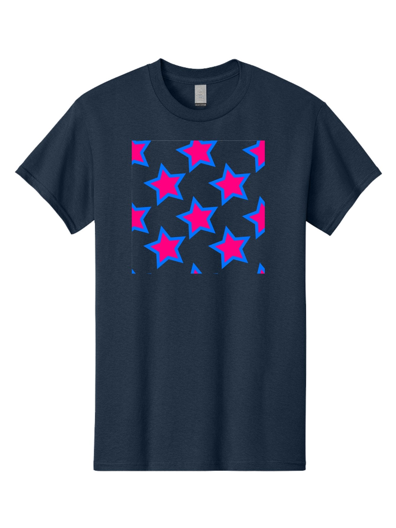 Pink-Stars-Pattern Men'S Graphic Tee, 100% Cotton, Comfortable Casual Summer Wear, Machine Washable, Pink Stars, Blue Outline, Yellow Background, Repeating Pattern, Festive Design, Bright Colors, Fun Graphics, Star Pattern, Aac413 12