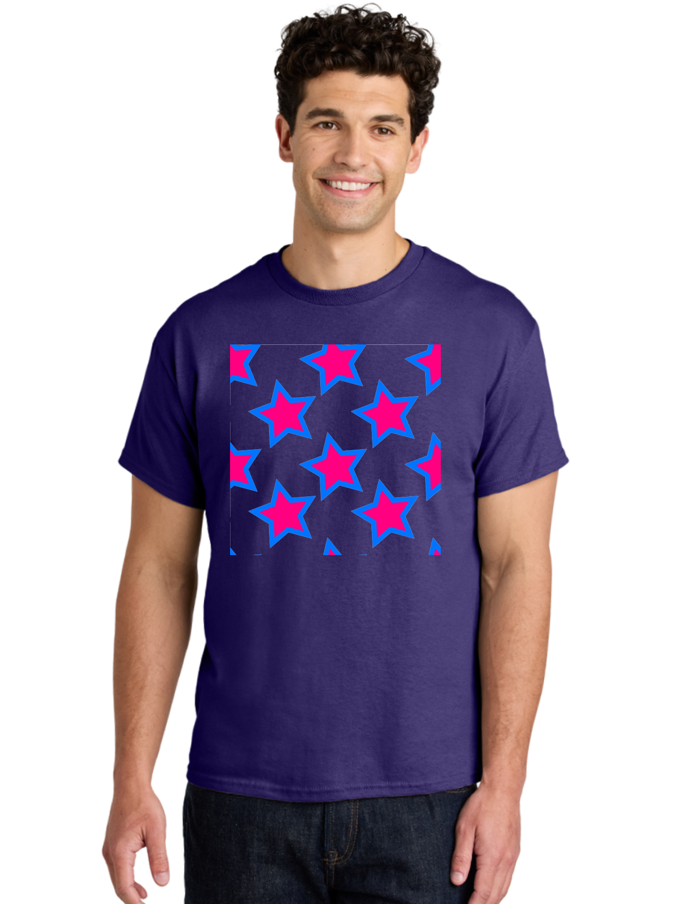 Pink-Stars-Pattern Men'S Graphic Tee, 100% Cotton, Comfortable Casual Summer Wear, Machine Washable, Pink Stars, Blue Outline, Yellow Background, Repeating Pattern, Festive Design, Bright Colors, Fun Graphics, Star Pattern, Aac413 14