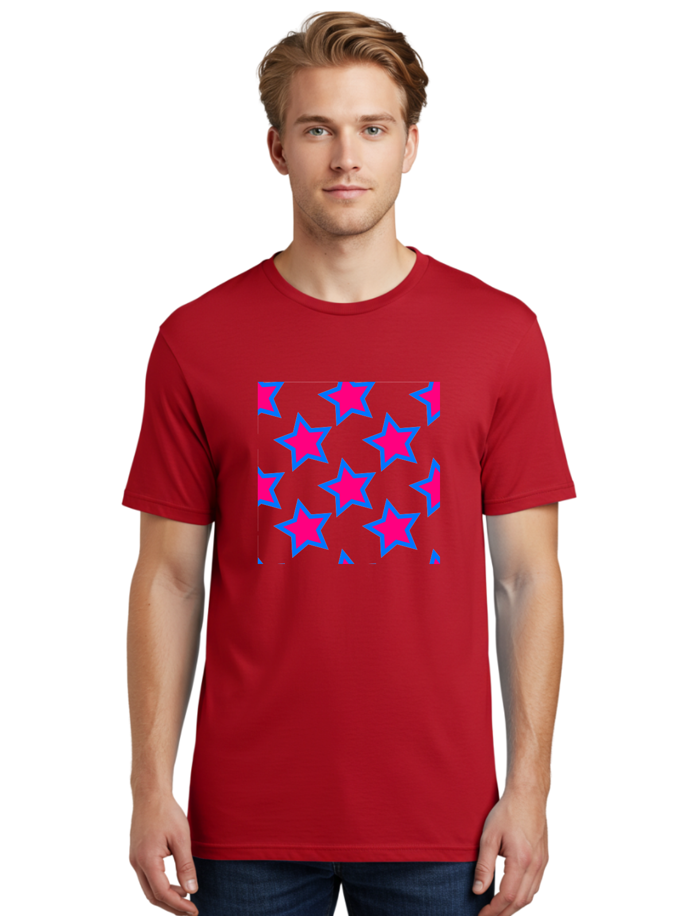Pink-Stars-Pattern Men'S Graphic Tee, 100% Cotton, Comfortable Casual Summer Wear, Machine Washable, Pink Stars, Blue Outline, Yellow Background, Repeating Pattern, Festive Design, Bright Colors, Fun Graphics, Star Pattern, Aac413 16