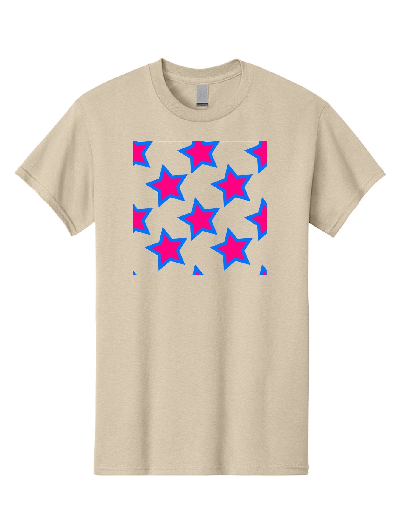 Pink-Stars-Pattern Men'S Graphic Tee, 100% Cotton, Comfortable Casual Summer Wear, Machine Washable, Pink Stars, Blue Outline, Yellow Background, Repeating Pattern, Festive Design, Bright Colors, Fun Graphics, Star Pattern, Aac413 14