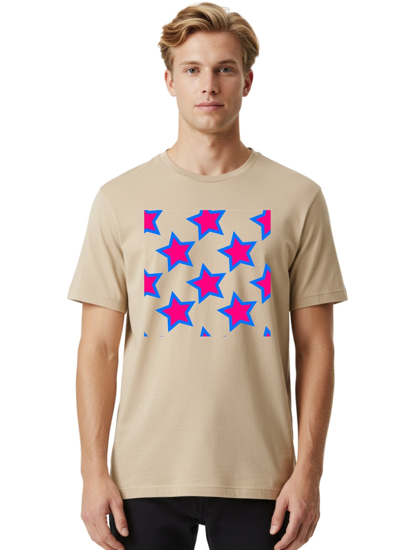 Pink-Stars-Pattern Men'S Graphic Tee, 100% Cotton, Comfortable Casual Summer Wear, Machine Washable, Pink Stars, Blue Outline, Yellow Background, Repeating Pattern, Festive Design, Bright Colors, Fun Graphics, Star Pattern, Aac413 29
