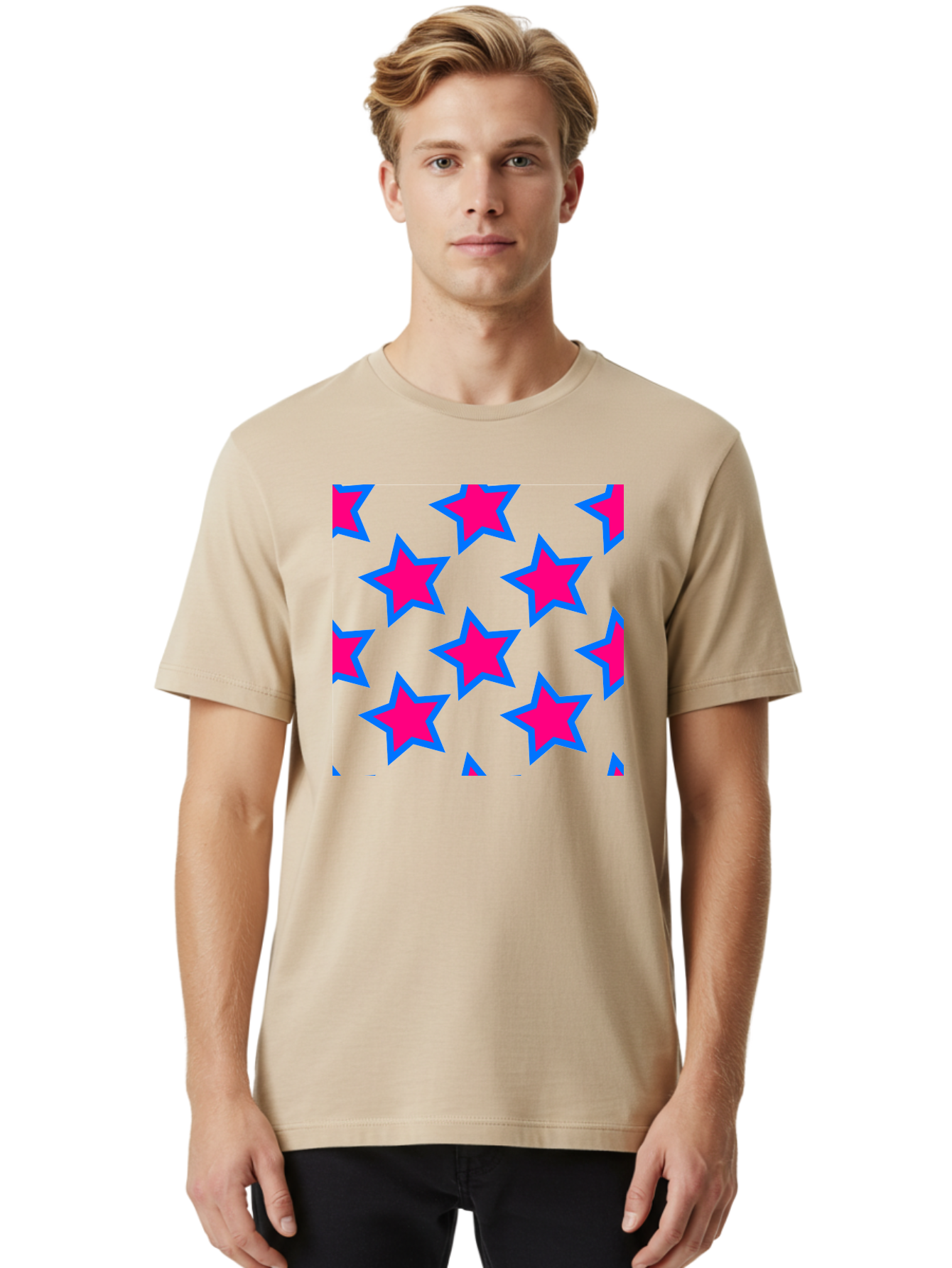 Pink-Stars-Pattern Men'S Graphic Tee, 100% Cotton, Comfortable Casual Summer Wear, Machine Washable, Pink Stars, Blue Outline, Yellow Background, Repeating Pattern, Festive Design, Bright Colors, Fun Graphics, Star Pattern, Aac413 4