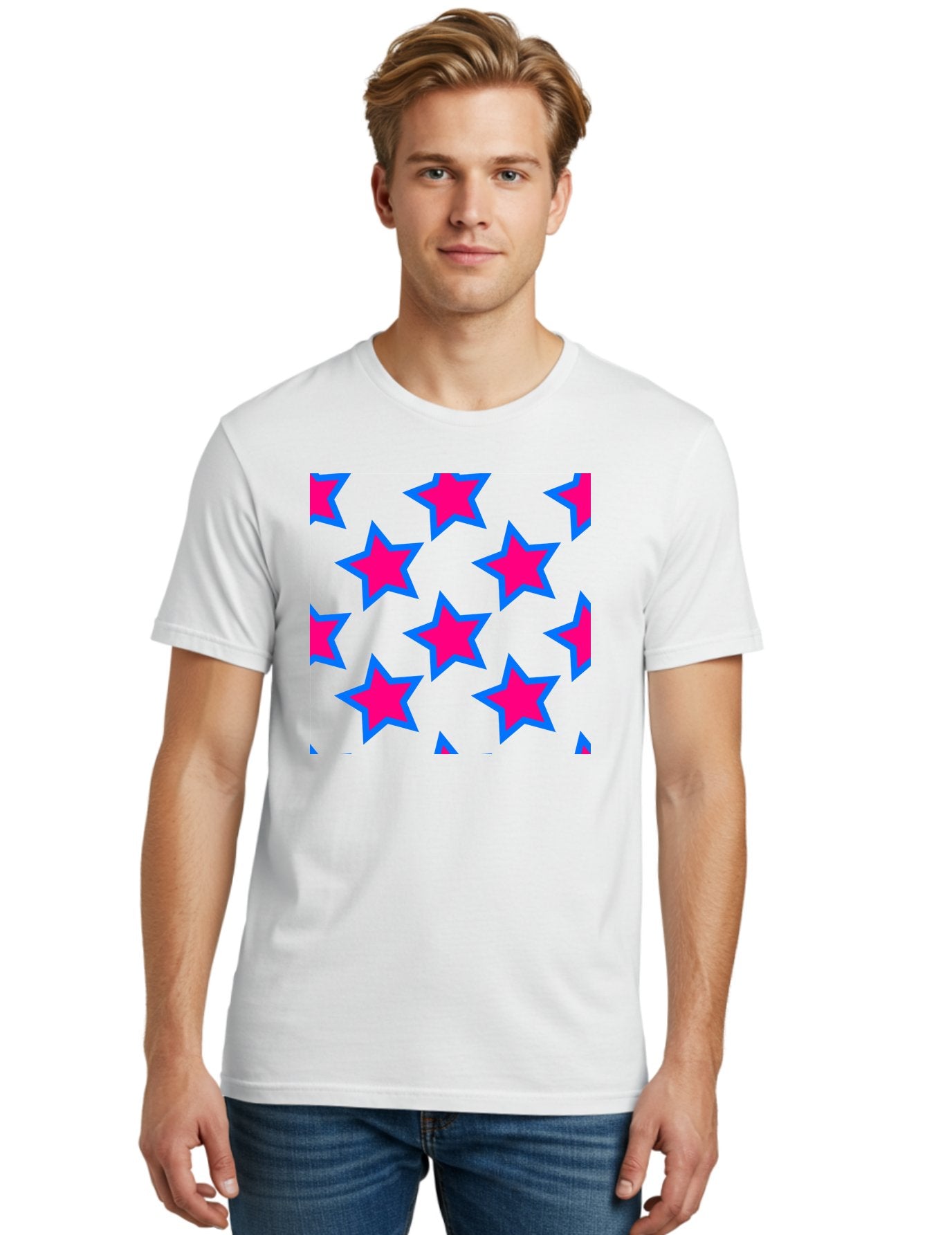 Pink-Stars-Pattern Men'S Graphic Tee, 100% Cotton, Comfortable Casual Summer Wear, Machine Washable, Pink Stars, Blue Outline, Yellow Background, Repeating Pattern, Festive Design, Bright Colors, Fun Graphics, Star Pattern, Aac413 25