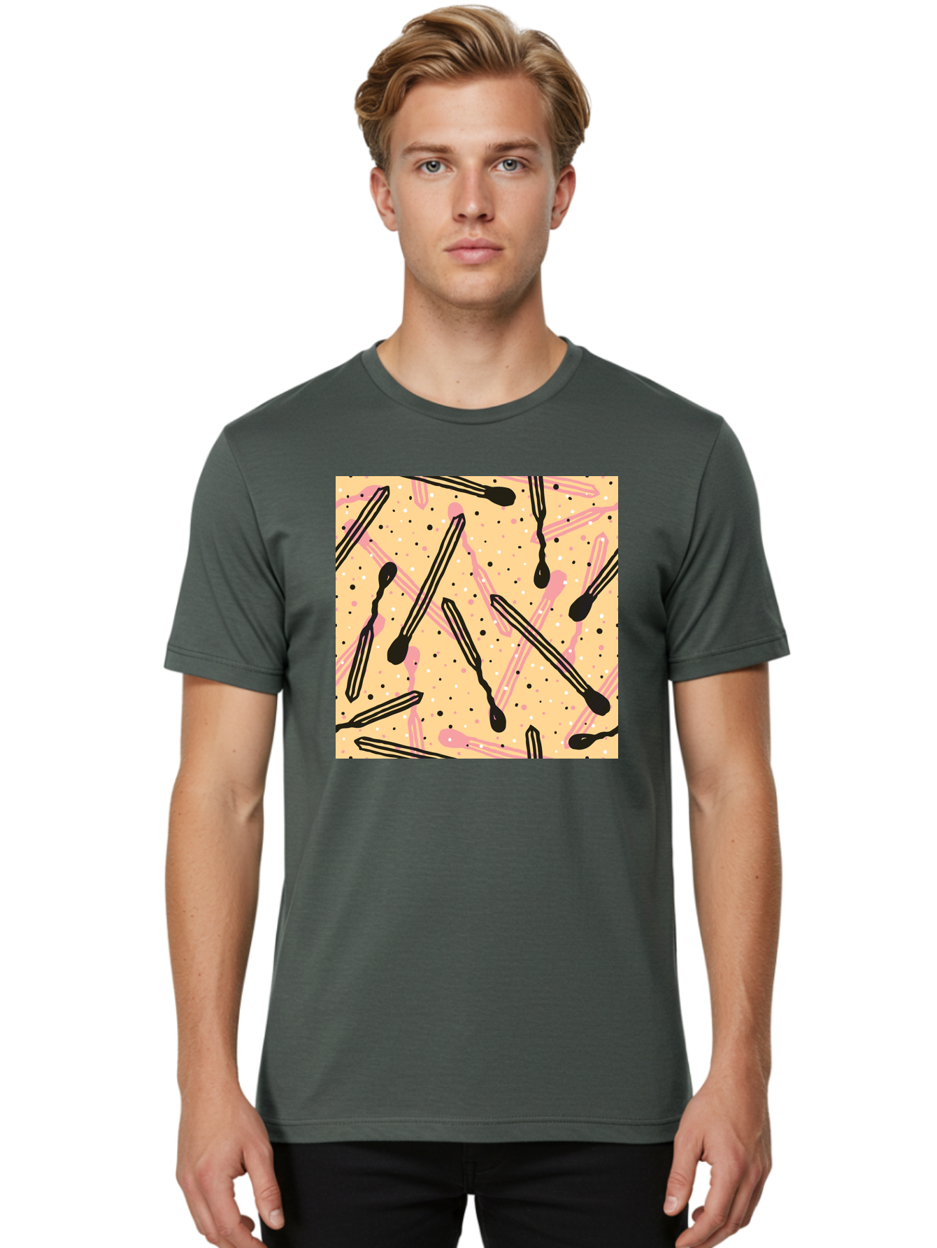 Pipettes Men'S Graphic Tee, 100% Cotton, Comfortable Casual Summer Wear, Machine Washable, Lip Gloss, Makeup, Beauty Products, Cosmetic Design, Abstract Pattern, Trendy Colors, Pink And Black Accents, Yellow Background, Fashion Texture, Aac414 8