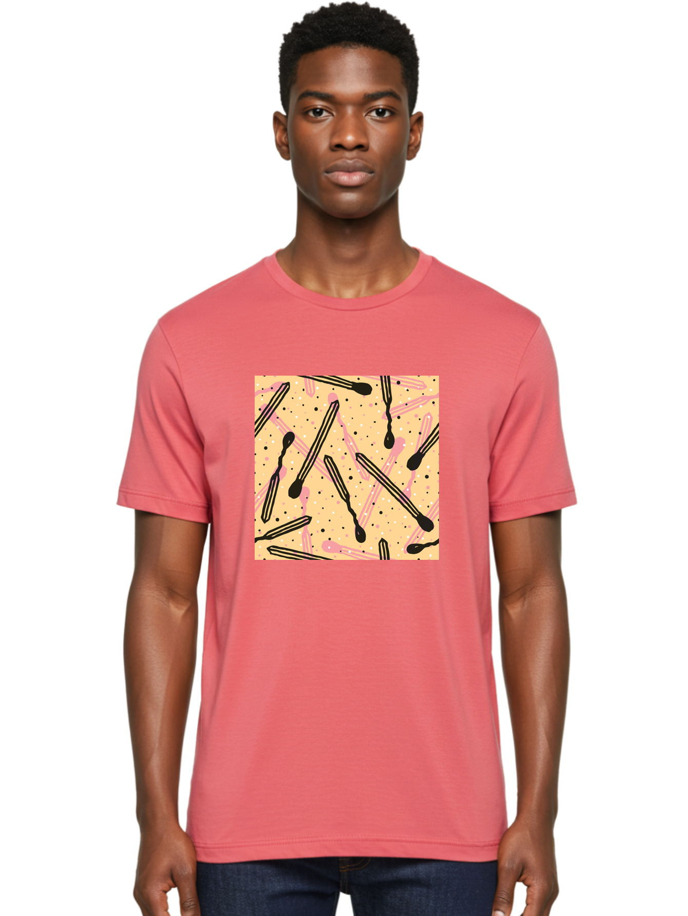 Pipettes Men'S Graphic Tee, 100% Cotton, Comfortable Casual Summer Wear, Machine Washable, Lip Gloss, Makeup, Beauty Products, Cosmetic Design, Abstract Pattern, Trendy Colors, Pink And Black Accents, Yellow Background, Fashion Texture, Aac414