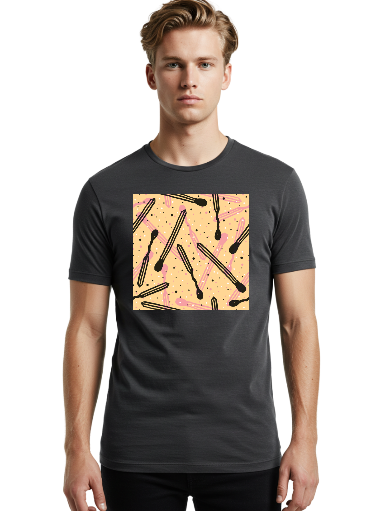 Pipettes Men'S Graphic Tee, 100% Cotton, Comfortable Casual Summer Wear, Machine Washable, Lip Gloss, Makeup, Beauty Products, Cosmetic Design, Abstract Pattern, Trendy Colors, Pink And Black Accents, Yellow Background, Fashion Texture, Aac414 4