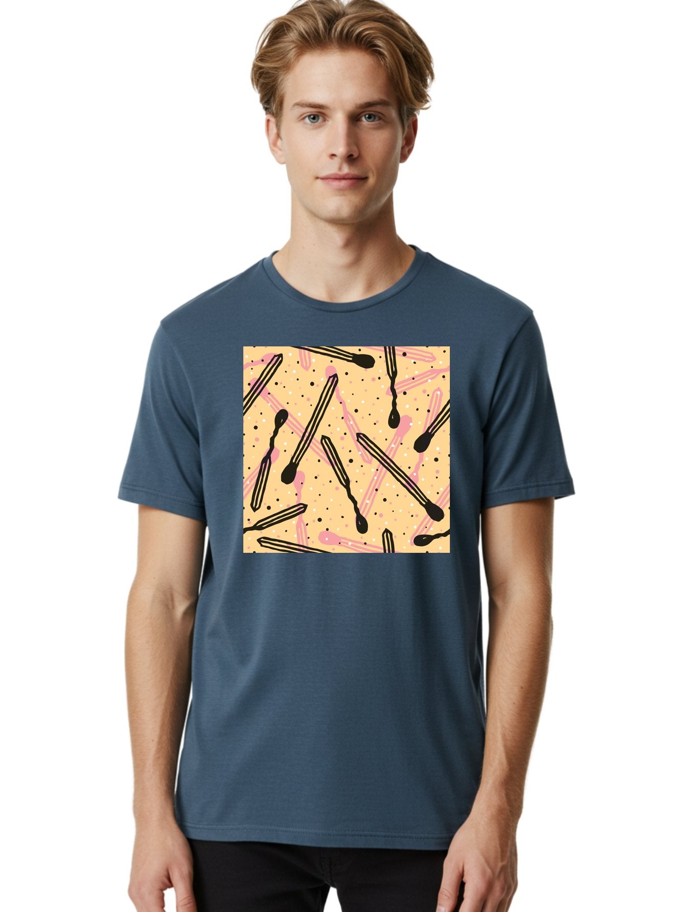 Pipettes Men'S Graphic Tee, 100% Cotton, Comfortable Casual Summer Wear, Machine Washable, Lip Gloss, Makeup, Beauty Products, Cosmetic Design, Abstract Pattern, Trendy Colors, Pink And Black Accents, Yellow Background, Fashion Texture, Aac414 21