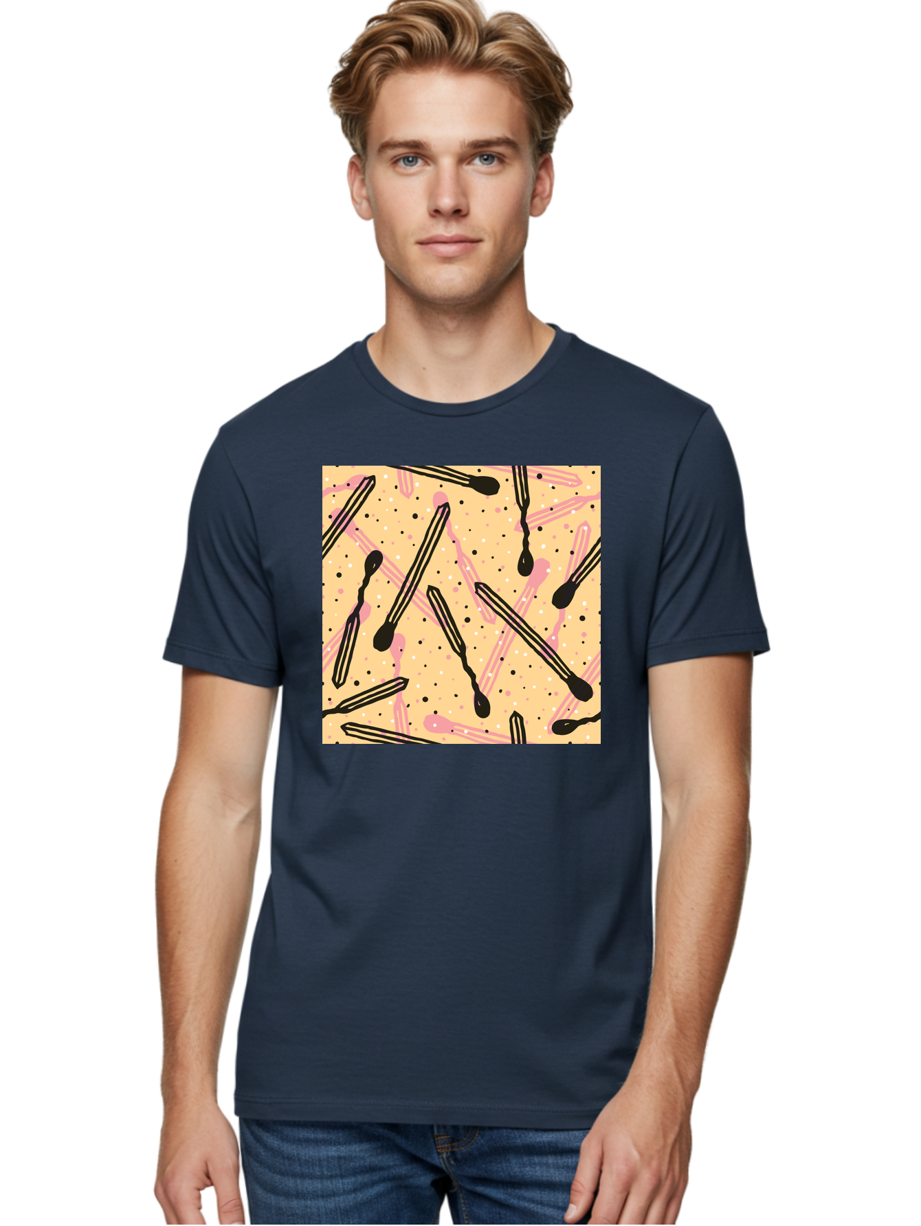 Pipettes Men'S Graphic Tee, 100% Cotton, Comfortable Casual Summer Wear, Machine Washable, Lip Gloss, Makeup, Beauty Products, Cosmetic Design, Abstract Pattern, Trendy Colors, Pink And Black Accents, Yellow Background, Fashion Texture, Aac414 22