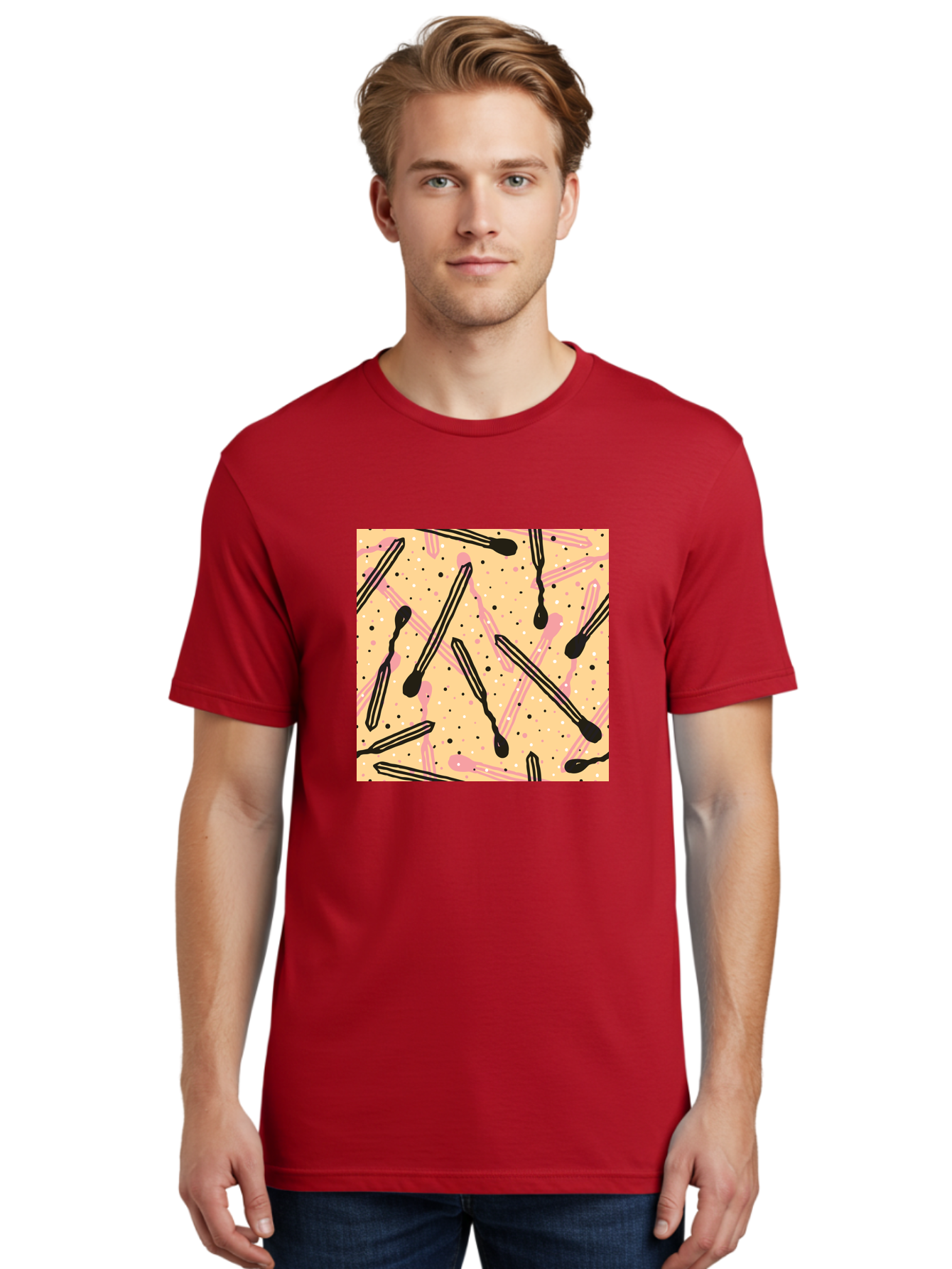 Pipettes Men'S Graphic Tee, 100% Cotton, Comfortable Casual Summer Wear, Machine Washable, Lip Gloss, Makeup, Beauty Products, Cosmetic Design, Abstract Pattern, Trendy Colors, Pink And Black Accents, Yellow Background, Fashion Texture, Aac414 6