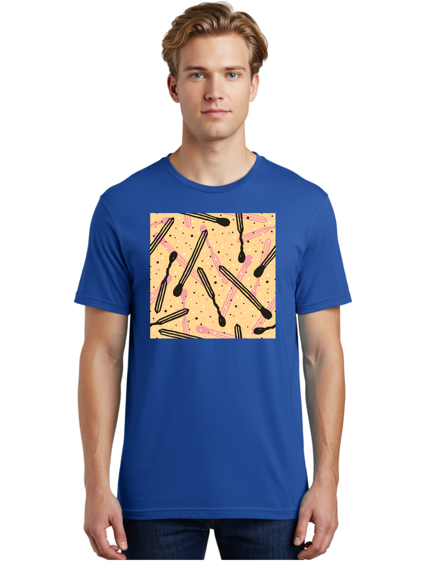 Pipettes Men'S Graphic Tee, 100% Cotton, Comfortable Casual Summer Wear, Machine Washable, Lip Gloss, Makeup, Beauty Products, Cosmetic Design, Abstract Pattern, Trendy Colors, Pink And Black Accents, Yellow Background, Fashion Texture, Aac414 16