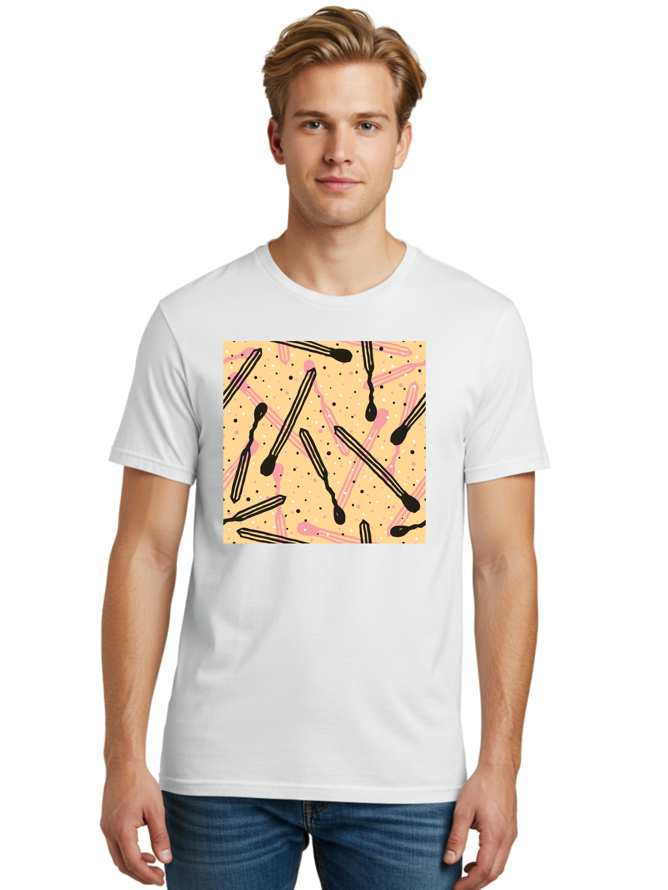 Pipettes Men'S Graphic Tee, 100% Cotton, Comfortable Casual Summer Wear, Machine Washable, Lip Gloss, Makeup, Beauty Products, Cosmetic Design, Abstract Pattern, Trendy Colors, Pink And Black Accents, Yellow Background, Fashion Texture, Aac414 24