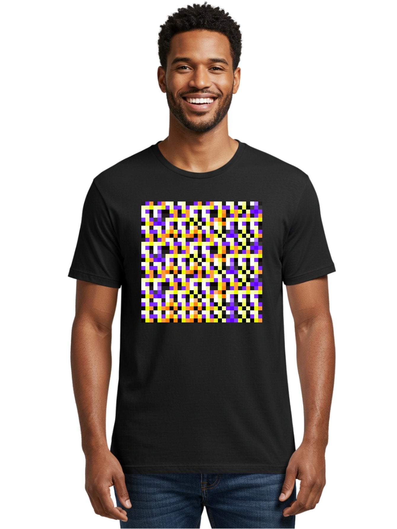 Pixel-Art-Pattern Men'S Graphic Tee, 100% Cotton, Comfortable Casual Summer Wear, Machine Washable, Vibrant Pixel Art, Colorful Pattern, Digital Design, Abstract Art, Bright Colors, Yellow, Orange, Purple, Black, White, Geometric Shapes, Aac415 30