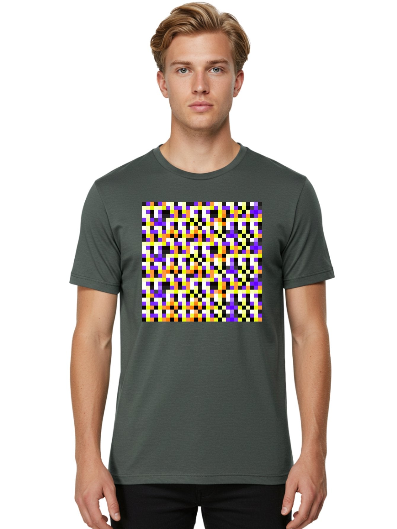 Pixel-Art-Pattern Men'S Graphic Tee, 100% Cotton, Comfortable Casual Summer Wear, Machine Washable, Vibrant Pixel Art, Colorful Pattern, Digital Design, Abstract Art, Bright Colors, Yellow, Orange, Purple, Black, White, Geometric Shapes, Aac415 25