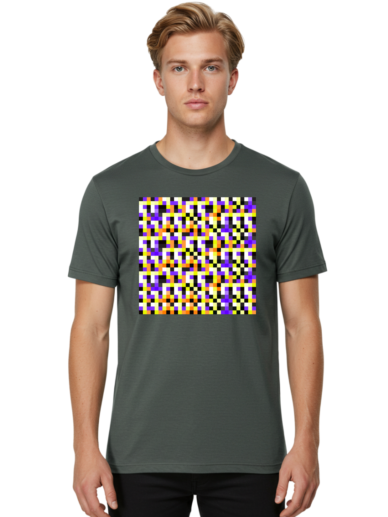 Pixel-Art-Pattern Men'S Graphic Tee, 100% Cotton, Comfortable Casual Summer Wear, Machine Washable, Vibrant Pixel Art, Colorful Pattern, Digital Design, Abstract Art, Bright Colors, Yellow, Orange, Purple, Black, White, Geometric Shapes, Aac415 12