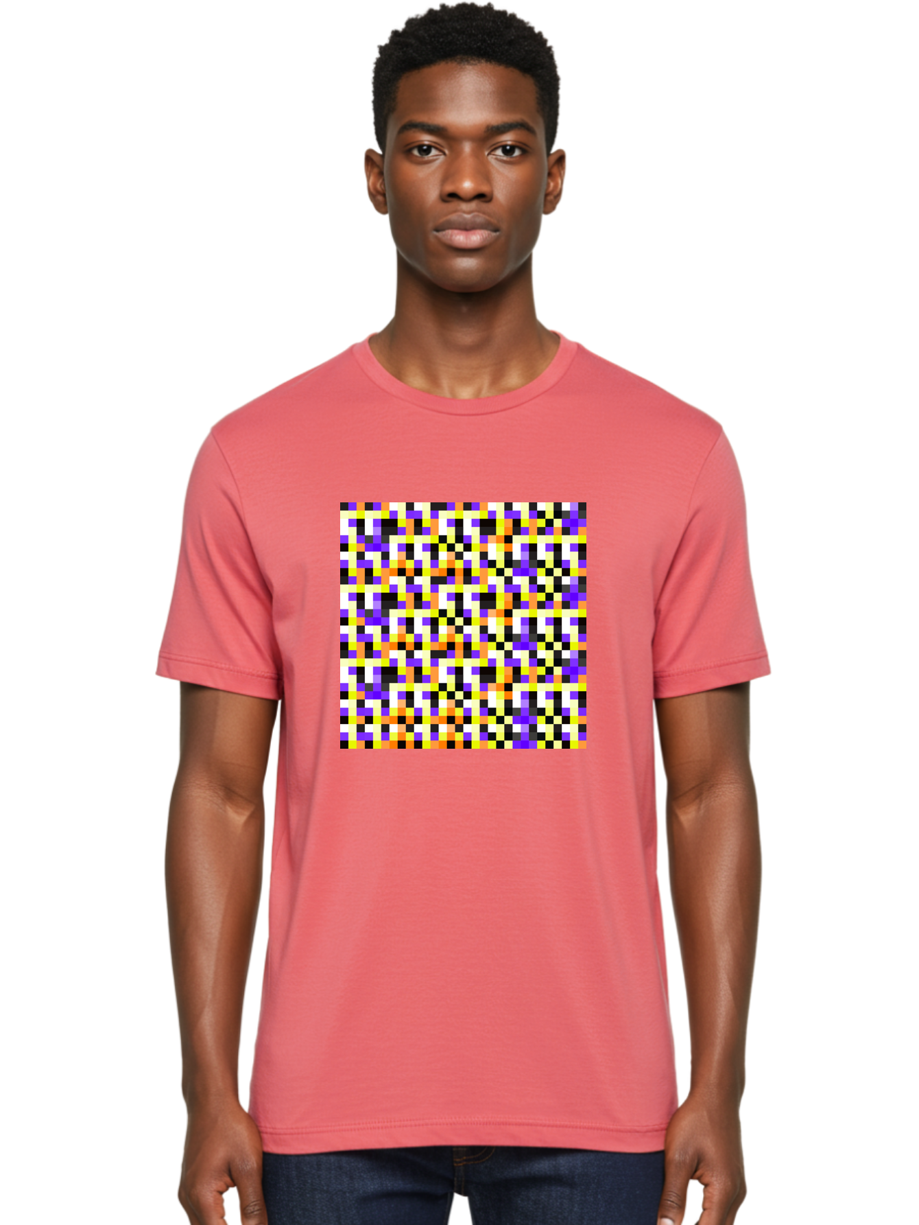 Pixel-Art-Pattern Men'S Graphic Tee, 100% Cotton, Comfortable Casual Summer Wear, Machine Washable, Vibrant Pixel Art, Colorful Pattern, Digital Design, Abstract Art, Bright Colors, Yellow, Orange, Purple, Black, White, Geometric Shapes, Aac415 16