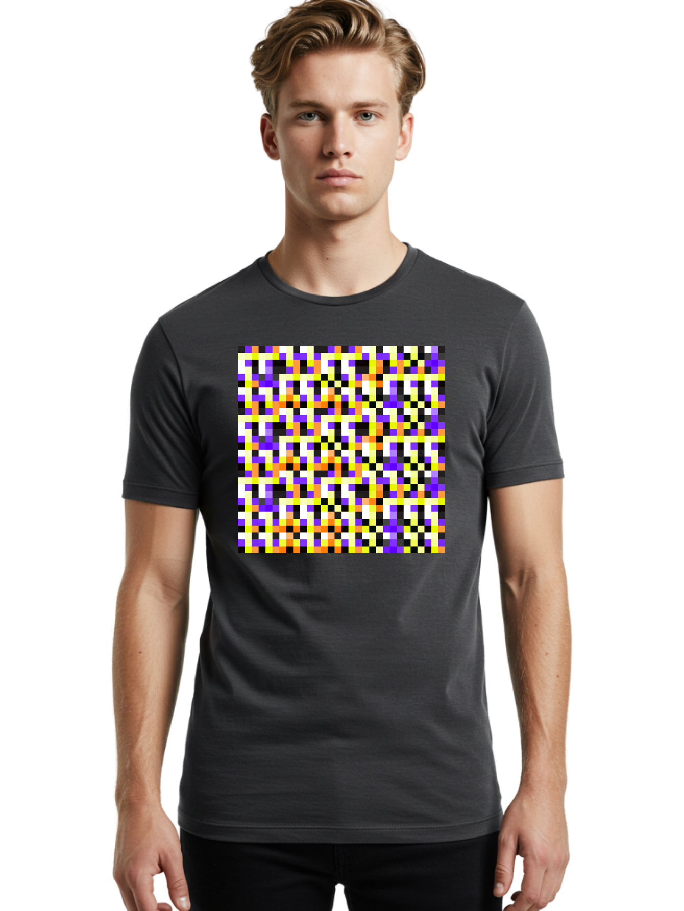 Pixel-Art-Pattern Men'S Graphic Tee, 100% Cotton, Comfortable Casual Summer Wear, Machine Washable, Vibrant Pixel Art, Colorful Pattern, Digital Design, Abstract Art, Bright Colors, Yellow, Orange, Purple, Black, White, Geometric Shapes, Aac415 4