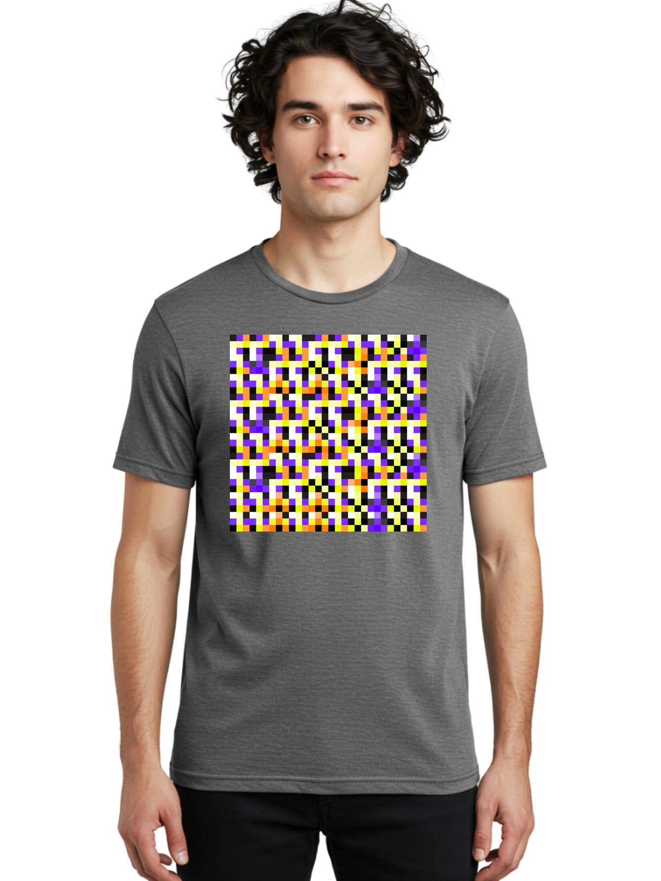 Pixel-Art-Pattern Men'S Graphic Tee, 100% Cotton, Comfortable Casual Summer Wear, Machine Washable, Vibrant Pixel Art, Colorful Pattern, Digital Design, Abstract Art, Bright Colors, Yellow, Orange, Purple, Black, White, Geometric Shapes, Aac415 19