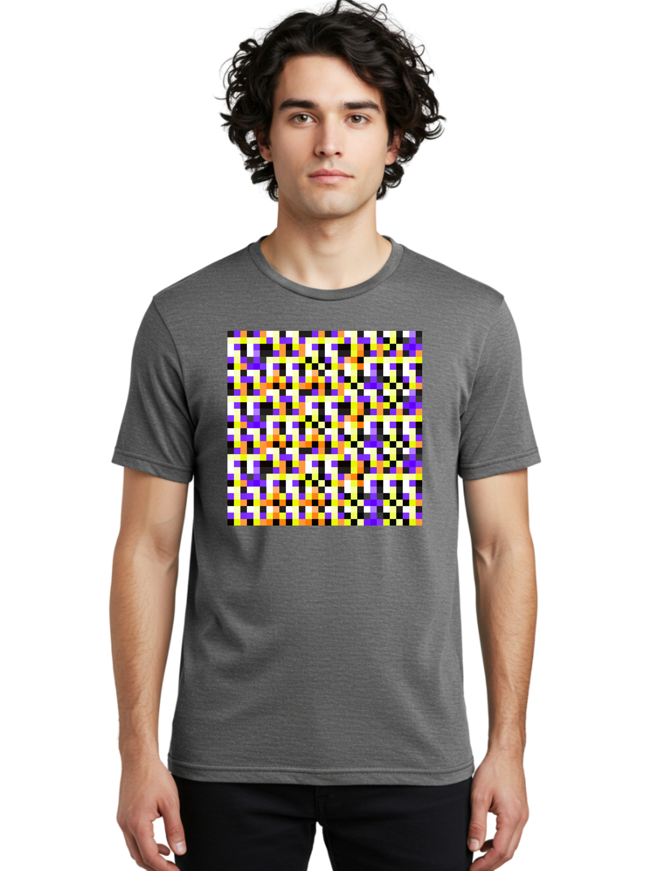 Pixel-Art-Pattern Men'S Graphic Tee, 100% Cotton, Comfortable Casual Summer Wear, Machine Washable, Vibrant Pixel Art, Colorful Pattern, Digital Design, Abstract Art, Bright Colors, Yellow, Orange, Purple, Black, White, Geometric Shapes, Aac415 22