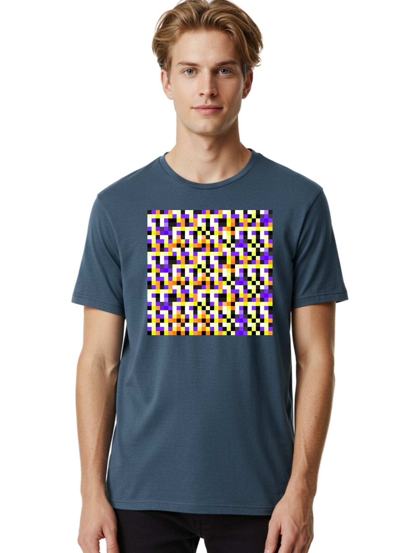 Pixel-Art-Pattern Men'S Graphic Tee, 100% Cotton, Comfortable Casual Summer Wear, Machine Washable, Vibrant Pixel Art, Colorful Pattern, Digital Design, Abstract Art, Bright Colors, Yellow, Orange, Purple, Black, White, Geometric Shapes, Aac415 20